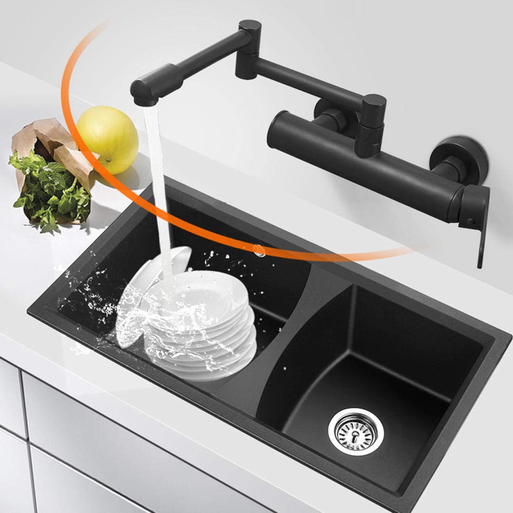 Black Retractable Rotary Folding Kitchen Faucet with Hot/Cold Water - Adjustable Spray Shower & Water Column Outlet for Modern Sinks (Ideal for Small Kitchens, RVs & Apartments)