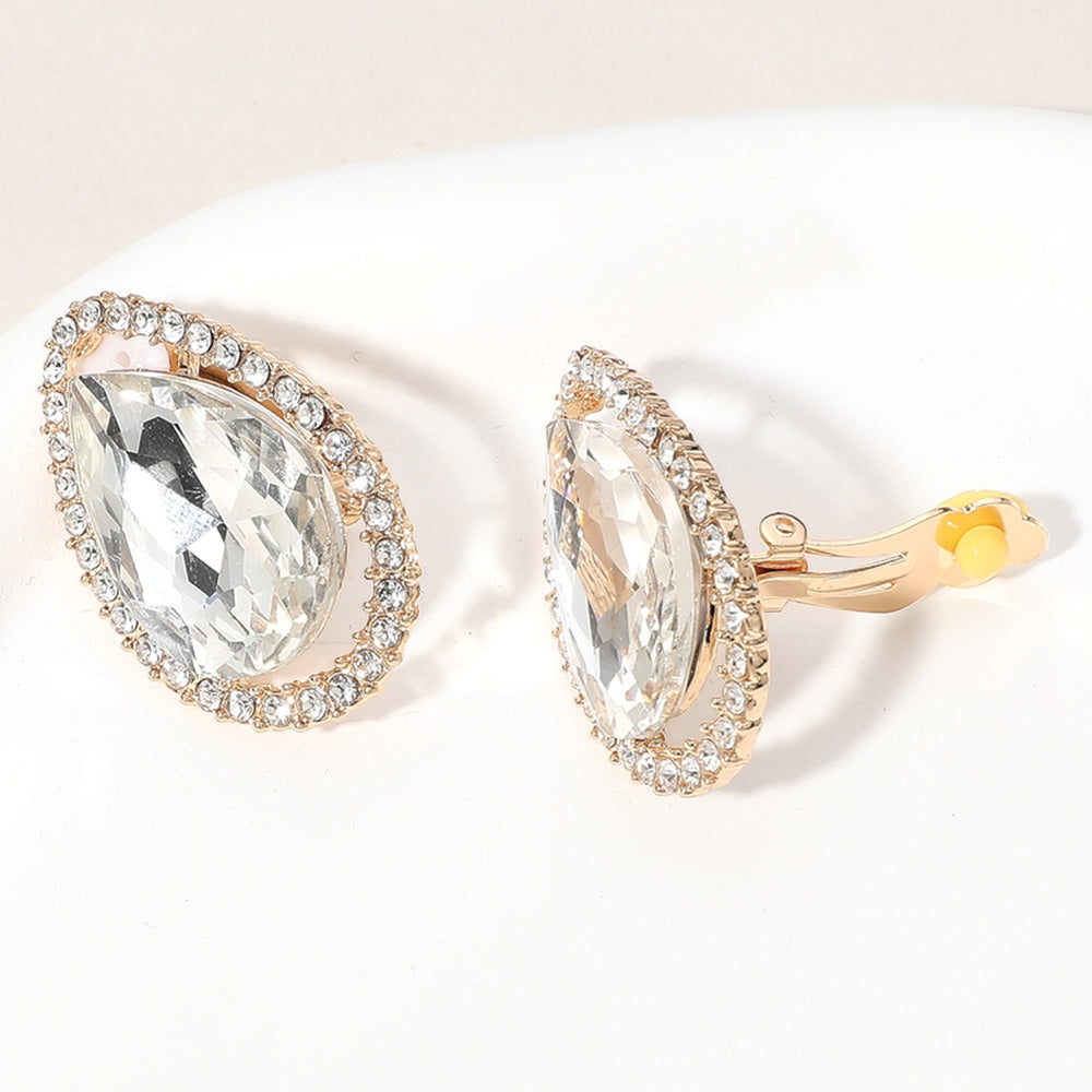 Elegant Gold Clip-On Pageant Earrings with Clear Teardrop Stones & Rhinestone Trim | Perfect for Prom, Wedding & Special Occasions | 653255