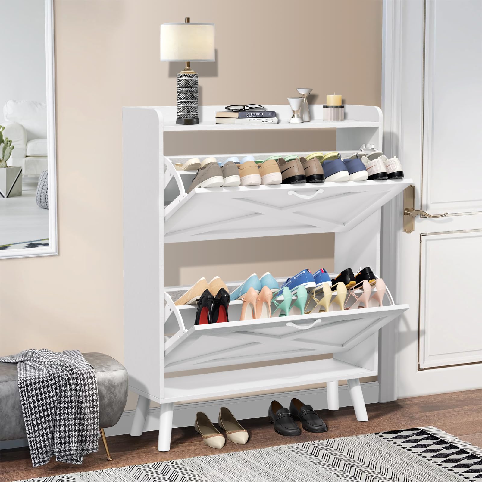 SUNCROWN Freestanding Shoe Storage Cabinet with 2 Flip Drawers - White Narrow Entryway Organizer with Wooden Legs - Perfect for Small Spaces, Closet & Bedroom Organization