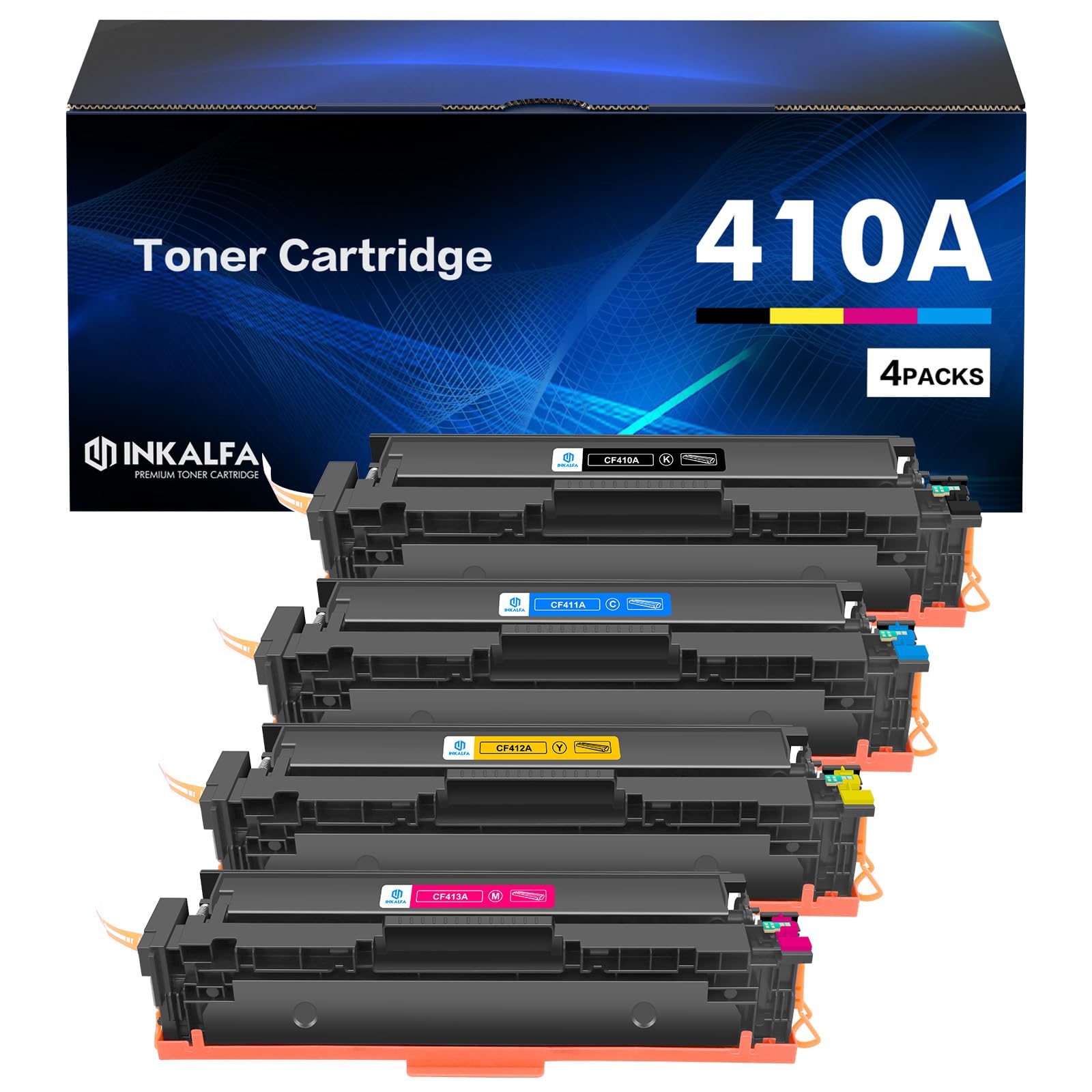 HP 410A Toner 4-Pack - Compatible Replacement for CF410A CF411A CF412A CF413A - Black, Cyan, Yellow, Magenta - Works with HP Color LaserJet Pro MFP M477fnw M477fdw M477fdn M452dn M452nw M477 M377 M452 Series - Perfect for Office Printing & High-Volume Documents