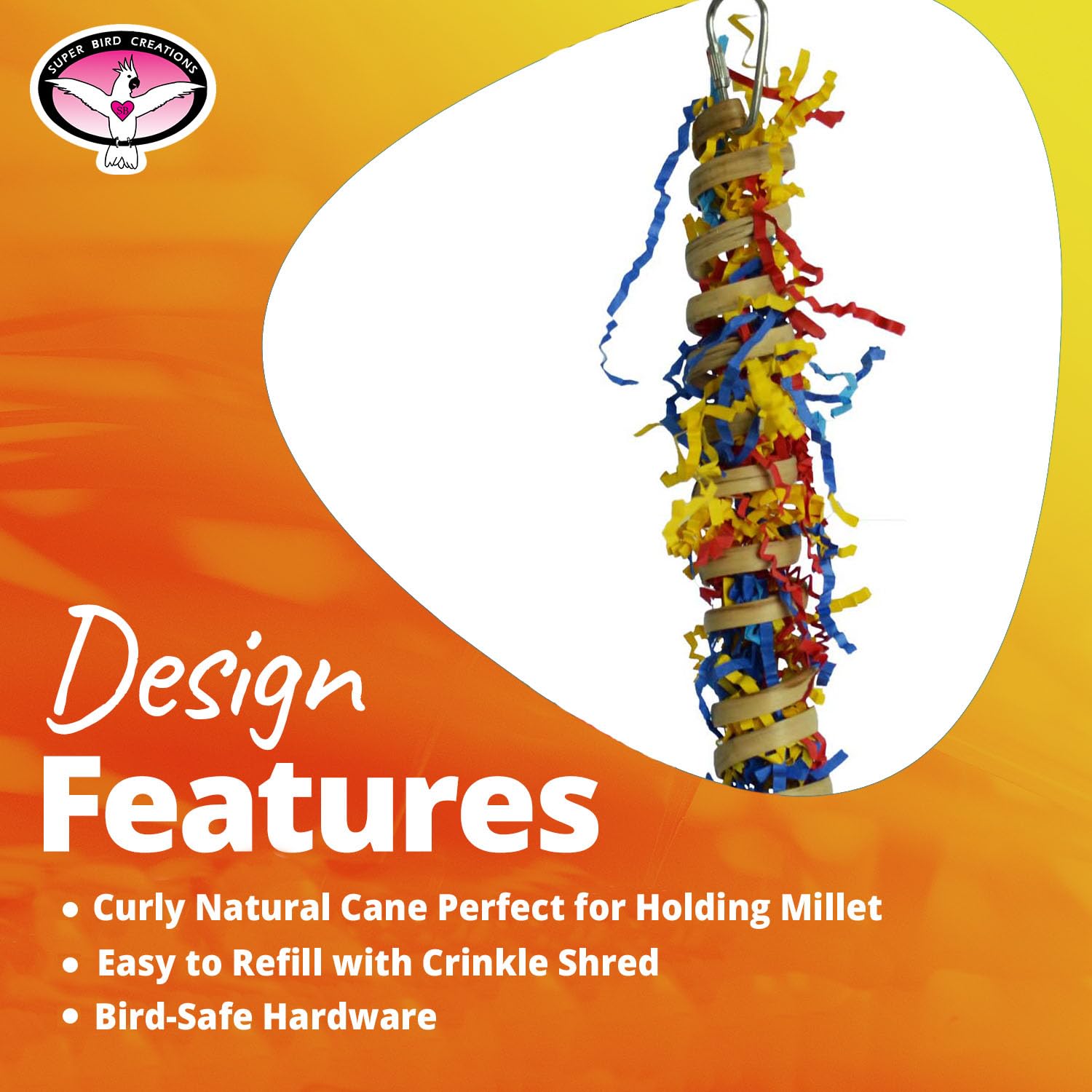 Super Bird Creations SB779 Fiesta Millet Holder Foraging Toy - Handmade Bird Toys with Curly Palm Spring & Crinkle Paper, Interactive Foraging Toys for Small to Medium Birds, Perfect Cockatiel & Parakeet Toys (9