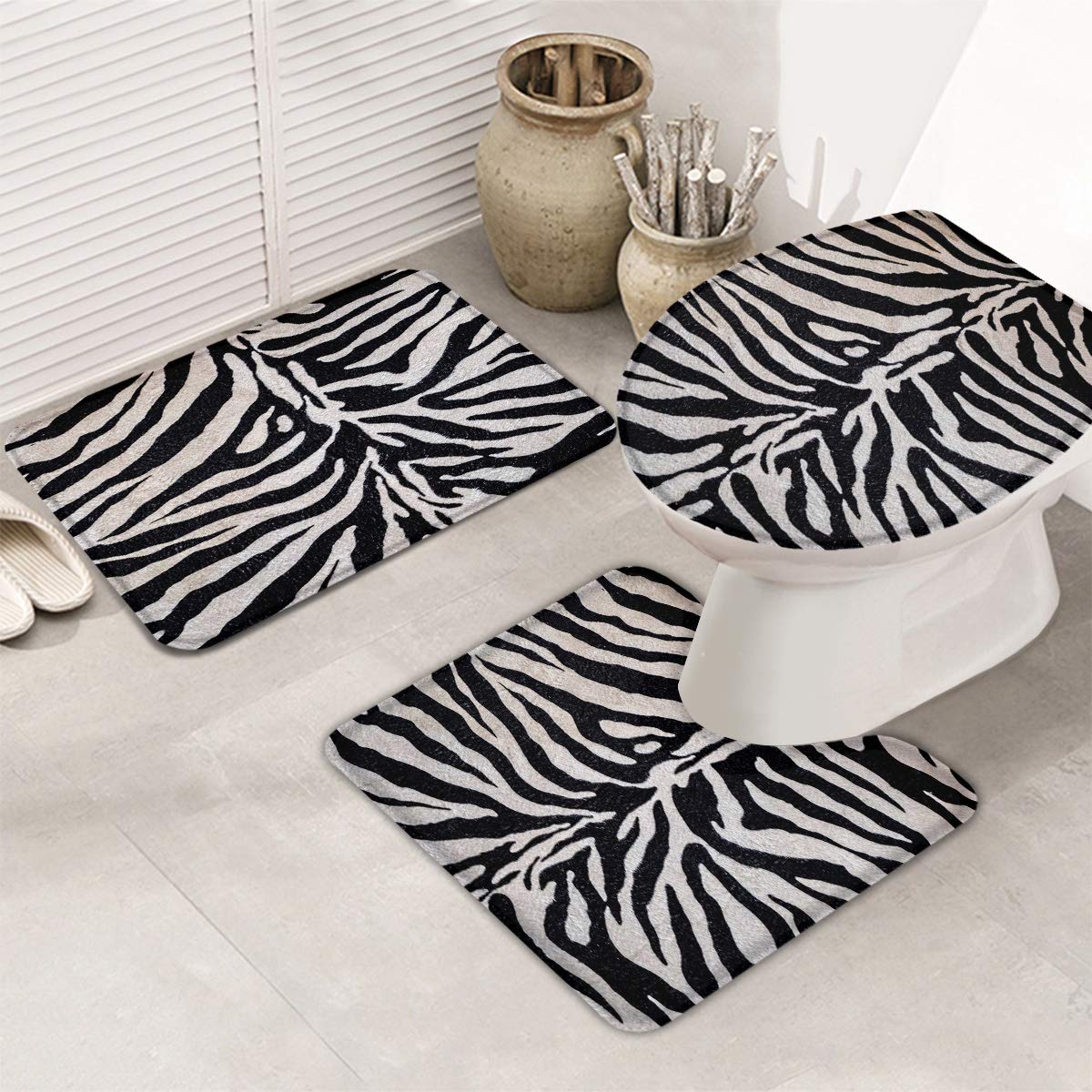 Premium 3-Piece Zebra Print Bath Rug Set - Non-Slip Bathroom Mat, U-Shaped Toilet Mat & Toilet Lid Cover - Super Absorbent, Washable Wild Animal Design for Bathroom & Home Decor - Perfect for Modern, Farmhouse or Jungle-Themed Bathrooms