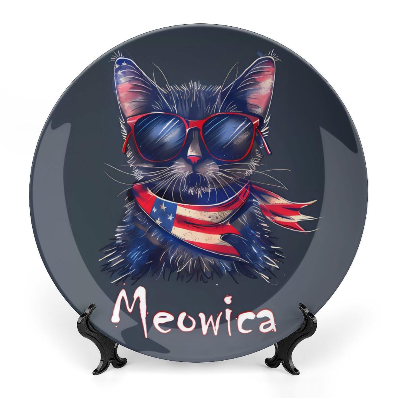 Meowica Patriotic Cat 4th of July Ceramic Decorative Plates - American Flag Themed Display Ornaments & Dinner Plates with Stand for Kitchen, Home Decor - Perfect for Independence Day Celebrations, Party Table Settings & Patriotic Home Decorations
