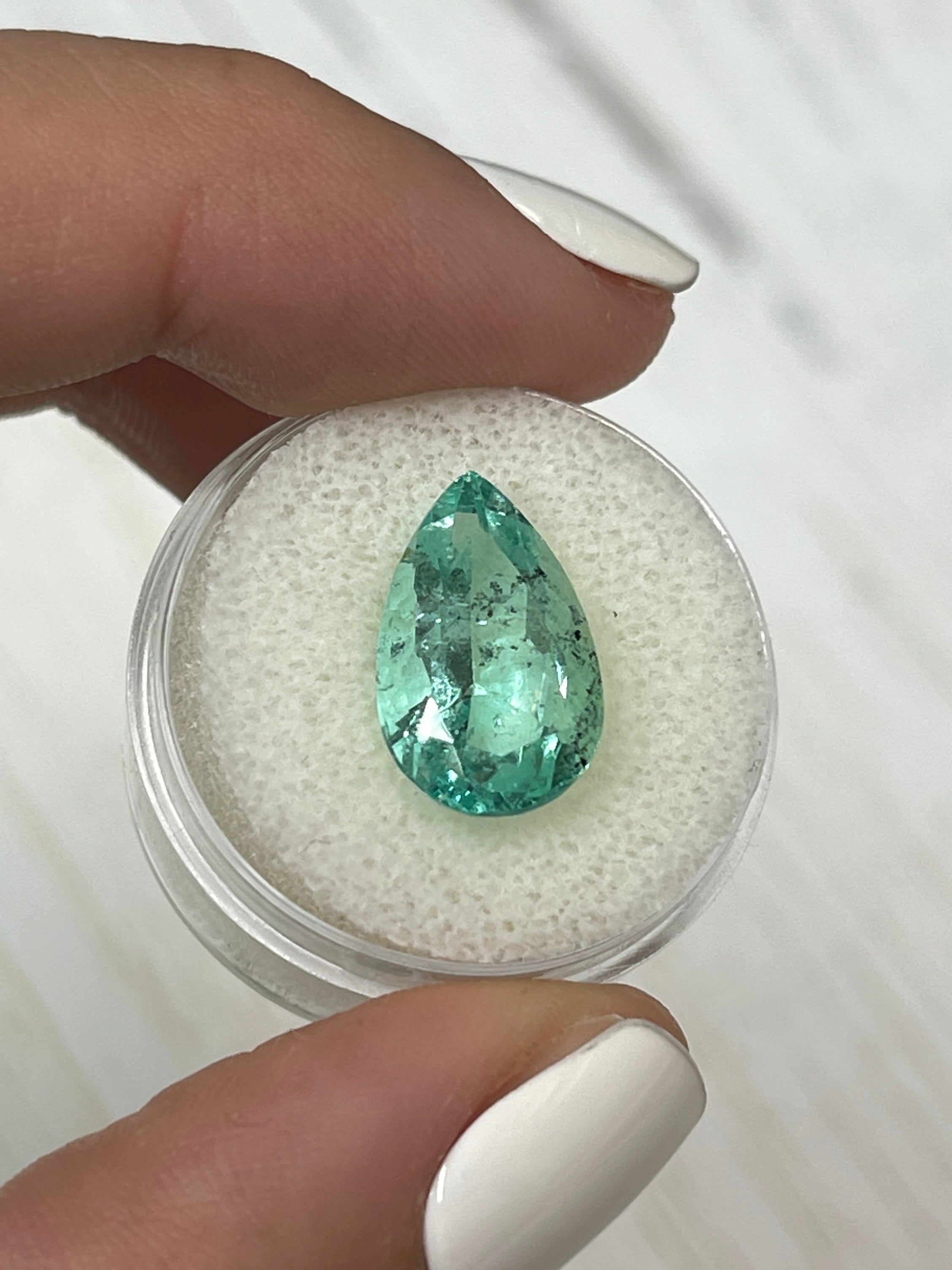 6.41 Carat 16x10mm Light Green Freckled Natural Loose Colombian Emerald Pear Cut Gemstone for Jewelry Making & Engagement Rings