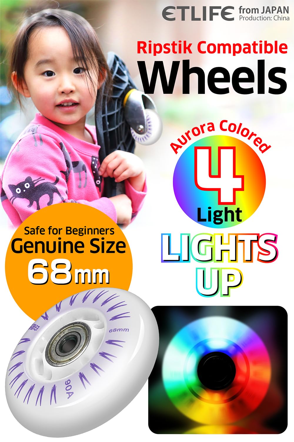 Ripstik Wheels - 68mm 90A Ripstick Replacement Wheels with ABEC 7 Bearings (4-Pack) - No Batteries Needed LED Lights - Perfect for Night Riding & Skateboard Upgrades