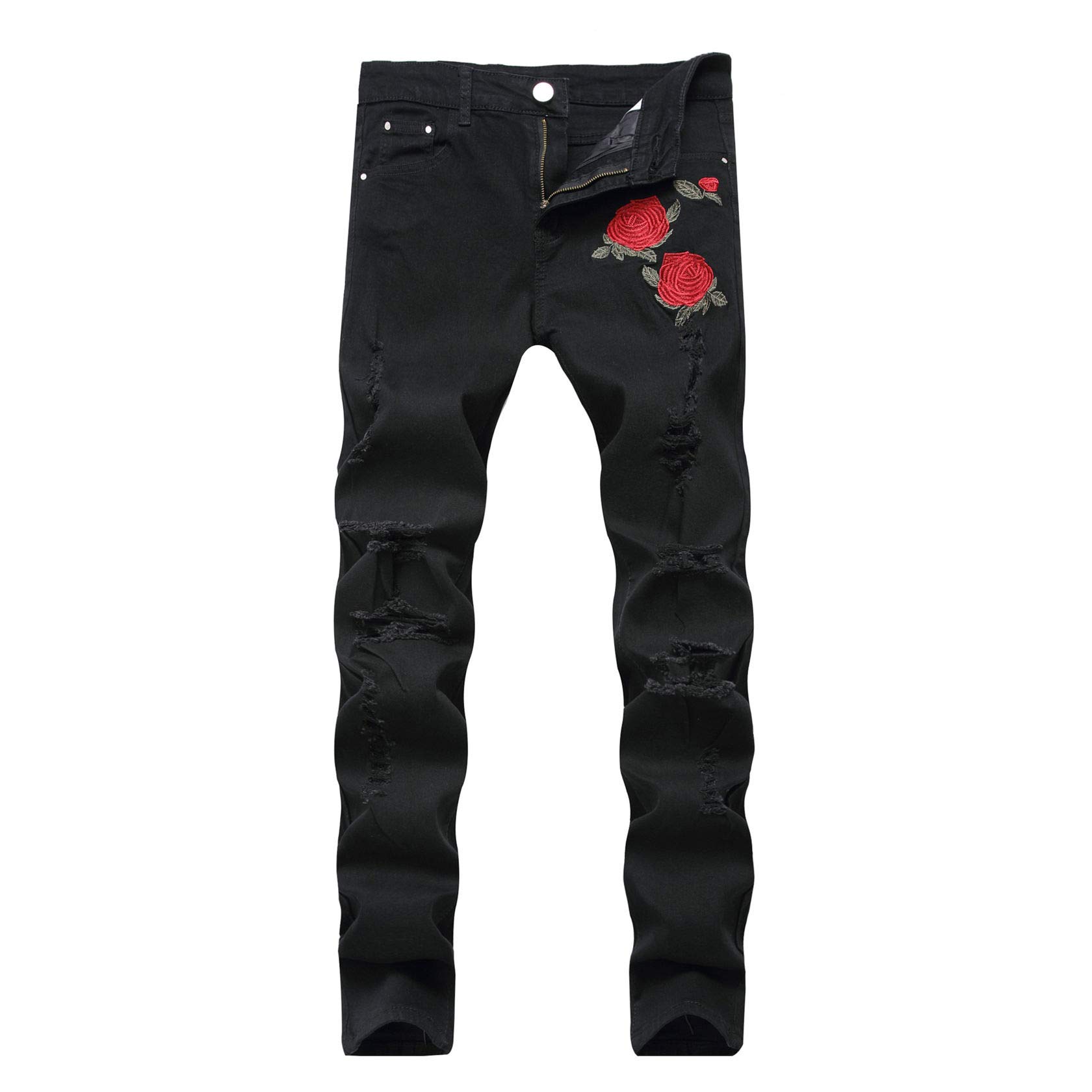 Men's Skinny Fit Floral Embroidered Ripped Distressed Jeans - Stretch Denim Pants with Rose Design (Size 28, Black) | Perfect for Casual Outings, Streetwear & Fashionable Looks