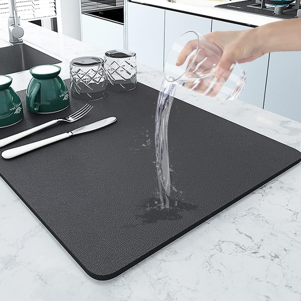 Non-Slip Large Kitchen Drying Mat (60 x 40 cm) - Black Rubber Water Absorbent Dish Drying Rack for Utensils, Cups & Plates | Perfect for Countertops, Sink Areas & Dish Racks