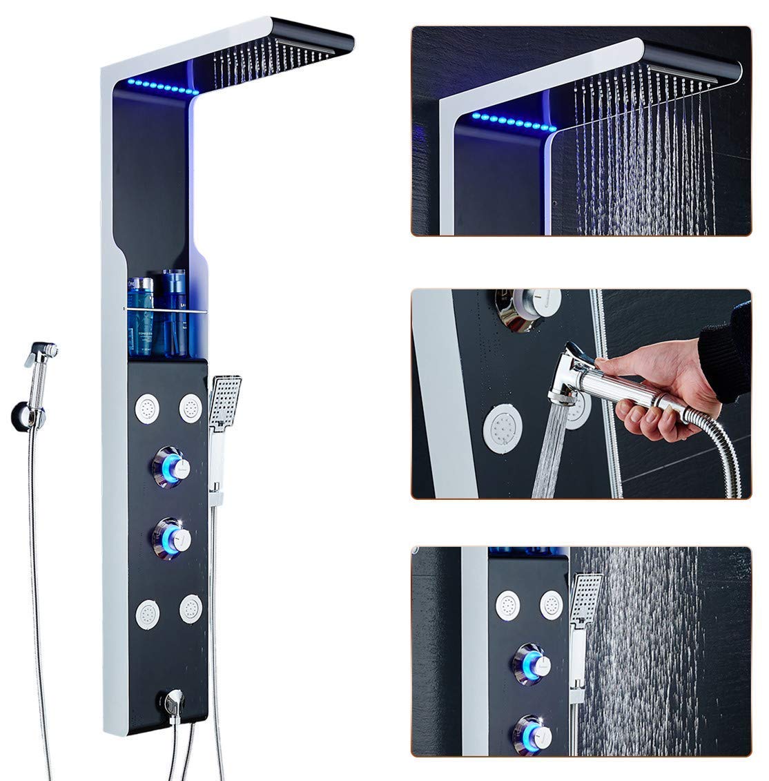 ELLO&ALLO LED Rainfall Shower Panel System - Stainless Steel Shower Tower with Body Jets, Handheld Shower & Waterfall Spray - Black and Silver for Spa-Like Bathroom Experience (Perfect for Master Bath, Luxury Hotel Style Renovation)