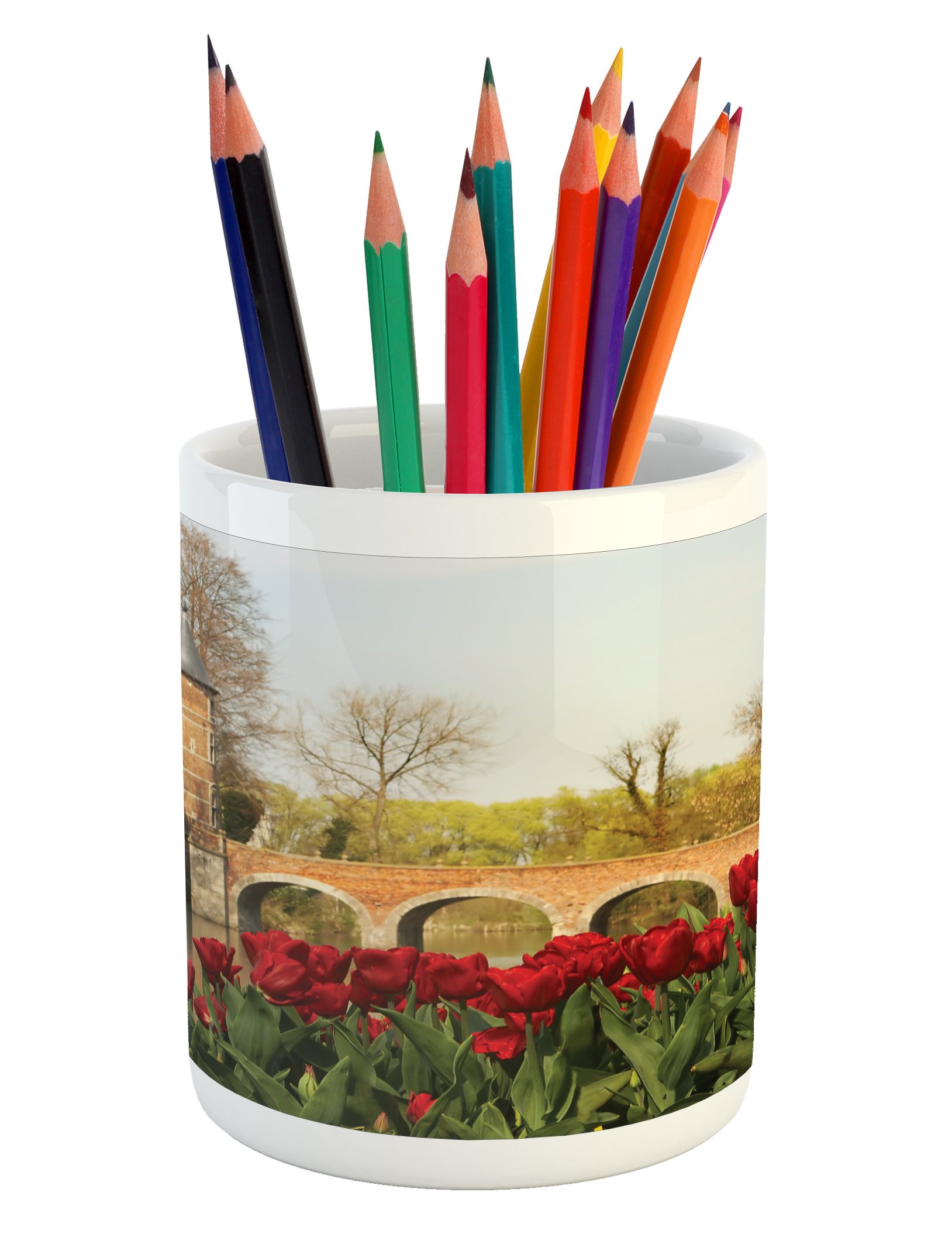 Lunarable Ceramic Pen Holder - Tulips & Stone Bridge in Castle Garden Groot Bijgaarden Belgium Design, Desk Organizer for Office & Home Use, Red & Green - Perfect for Pencils, Pens & Stationery Organization