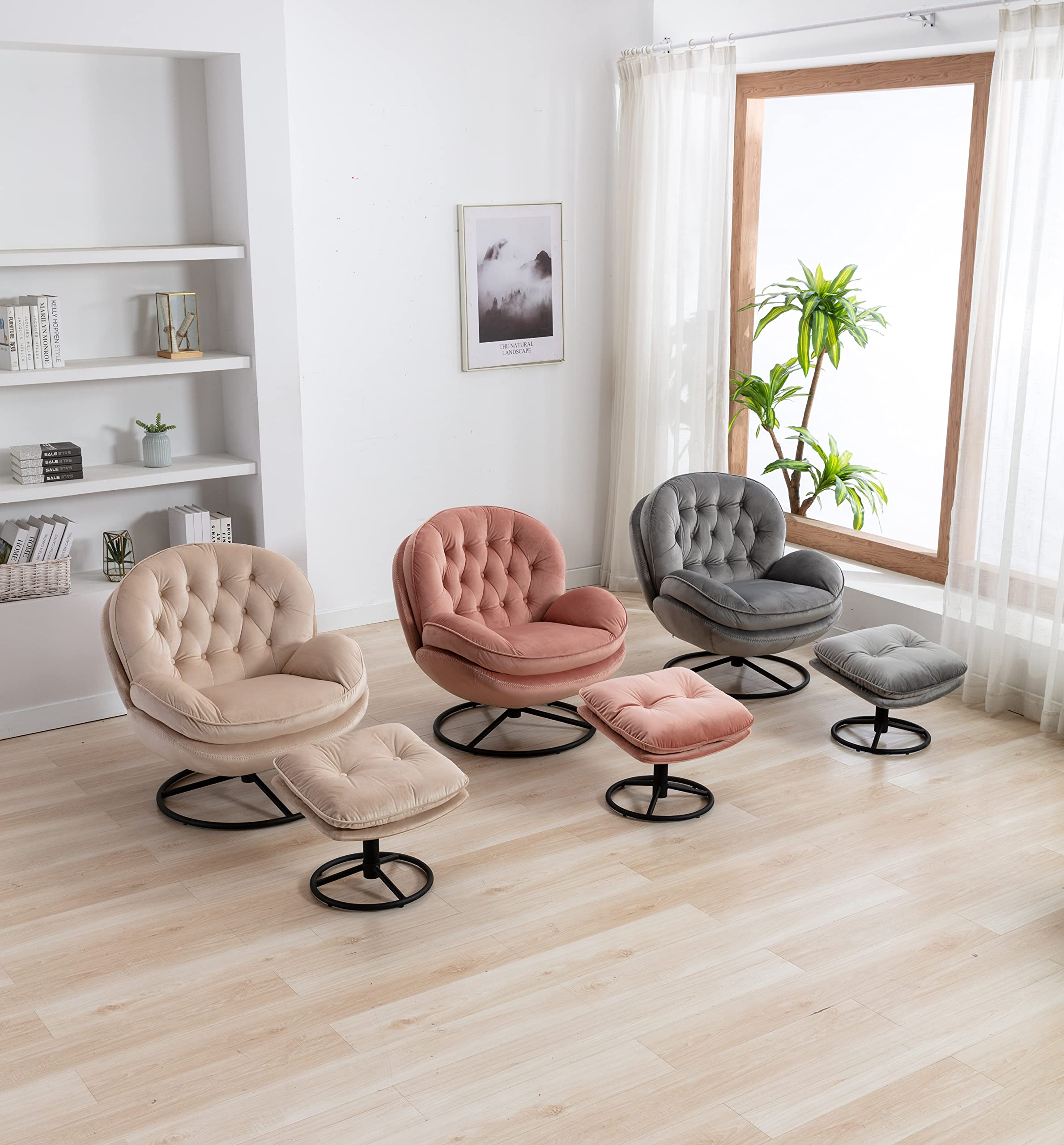 360 Degree Swivel Accent Chair with Ottoman Set - Comfy Reading Armchair for Bedroom, Office & Living Room - Beige Lounge Chair (33.5