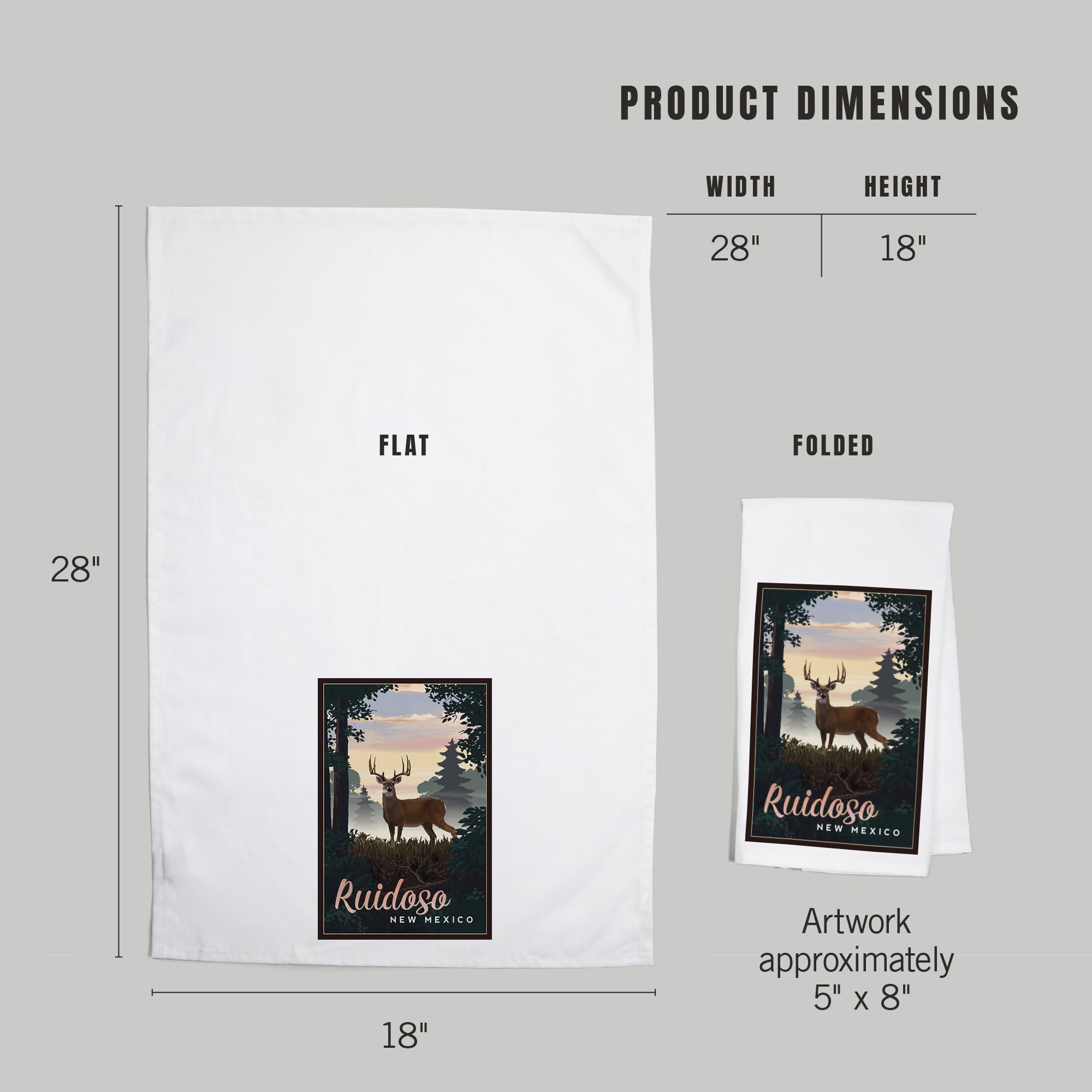 Lantern Press Ruidoso New Mexico Deer and Sunrise Tea Towel - 100% Cotton Decorative Hand Towel for Kitchen & Home - Perfect for Dish Drying, Gift Giving, and Farmhouse Decor