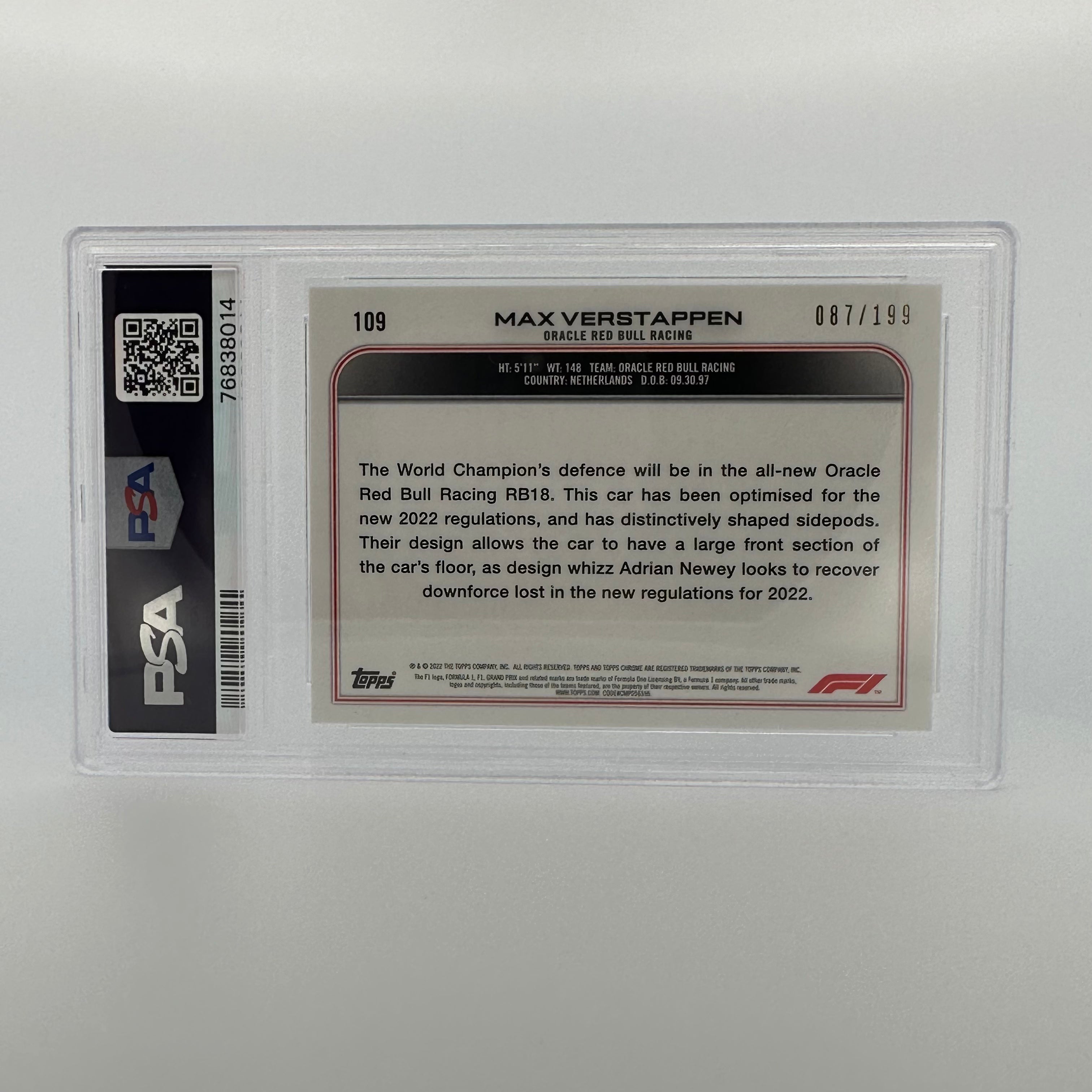 PSA 10 Graded Max Verstappen #109 Sapphire Edition Chartreuse 087/199 - Rare F1 Trading Card for Collectors & Racing Fans - Perfect for Display, Investment & Sports Memorabilia Collections