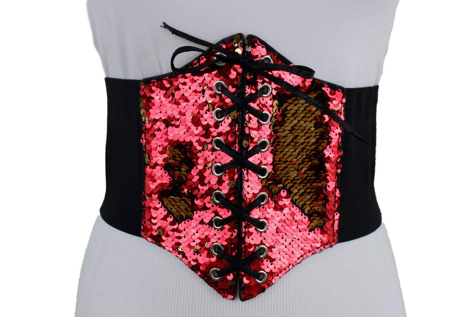 Women's Wide Elastic Corset Belt with Bling - High Waist Red & Gold Sequins - Size S/M - Perfect for Waist Training, Costume Parties & Burlesque Outfits