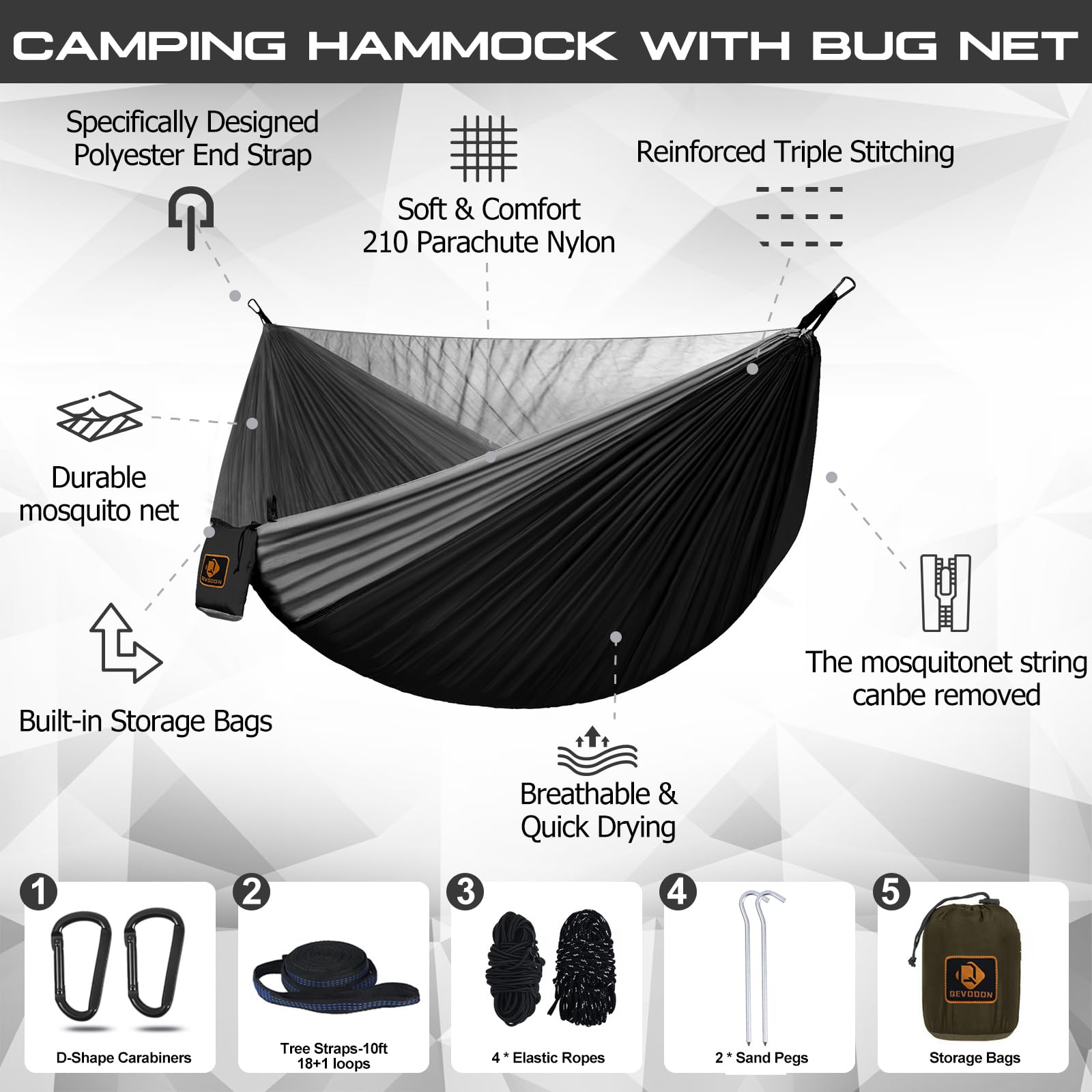 **Portable Camping Hammock with Mosquito Net - Lightweight Nylon Parachute Hammock for Travel, Hiking & Backpacking - Includes 10ft Tree Straps - Perfect for Beach, Patio & Outdoor Adventures (Black & Grey)**