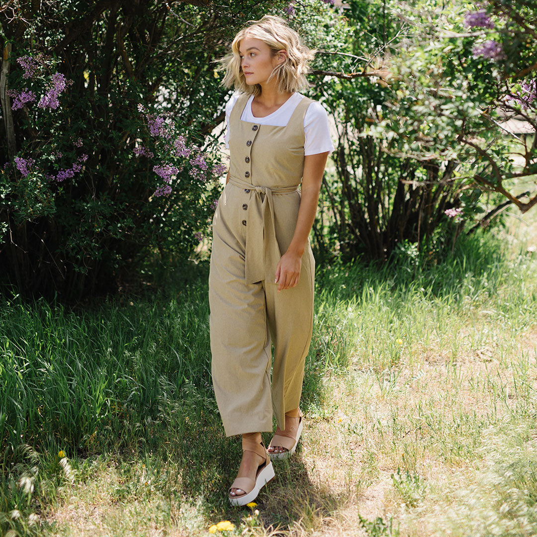Buttoned Up Overall Jumpsuit for Women - Heather Khaki Denim Romper with Adjustable Straps | Casual Outfit for Streetwear, Workwear & Outdoor Activities