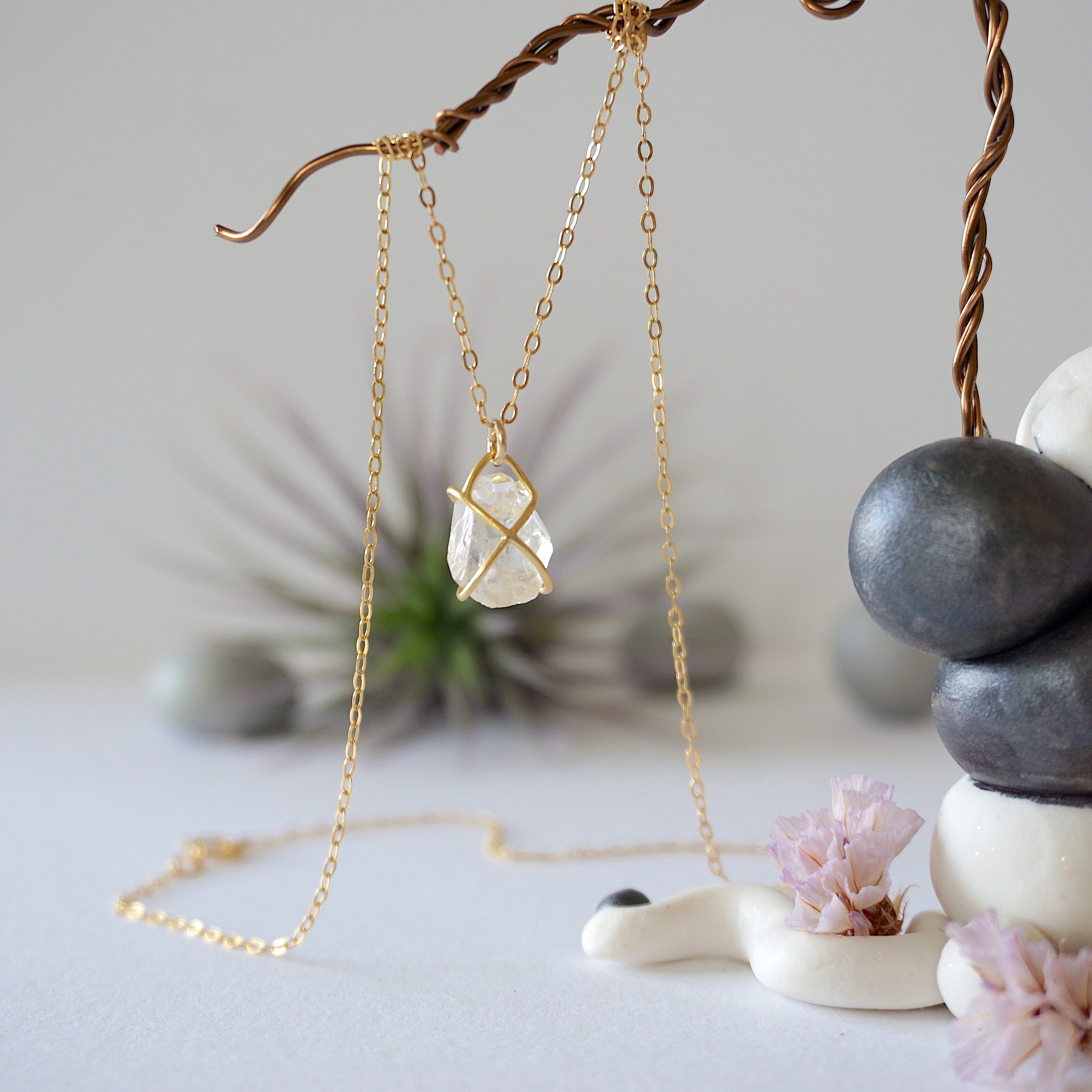 14K Gold Filled Herkimer Diamond Huggie Charm Necklace - Elegant Everyday Jewelry for Women, Perfect Gift for Birthday, Anniversary & Special Occasions