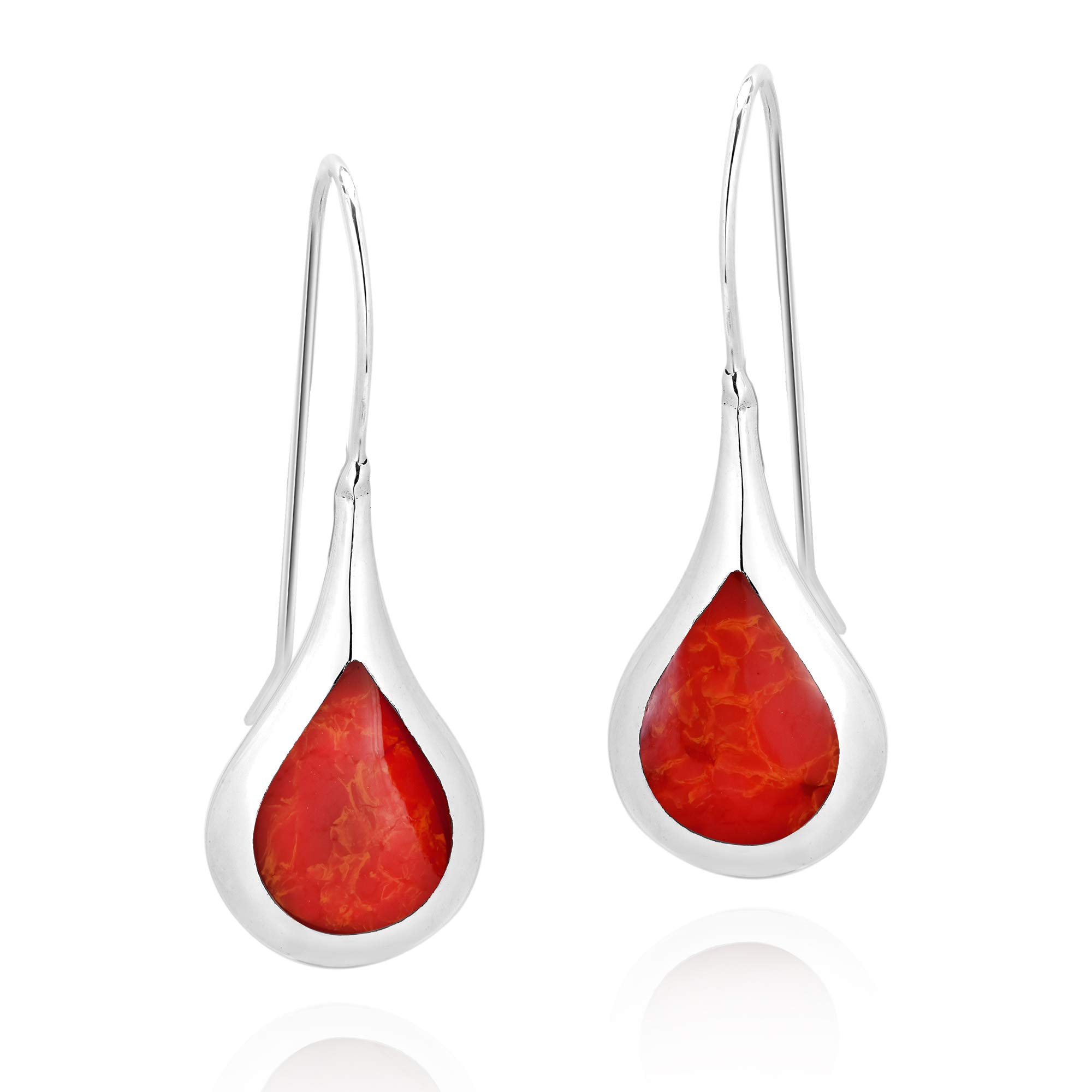 AeraVida .925 Sterling Silver Dangle Earrings with Reconstructed Red Coral Inlay - Elegant Boho Statement Jewelry for Women | Perfect for Parties, Weddings & Everyday Wear