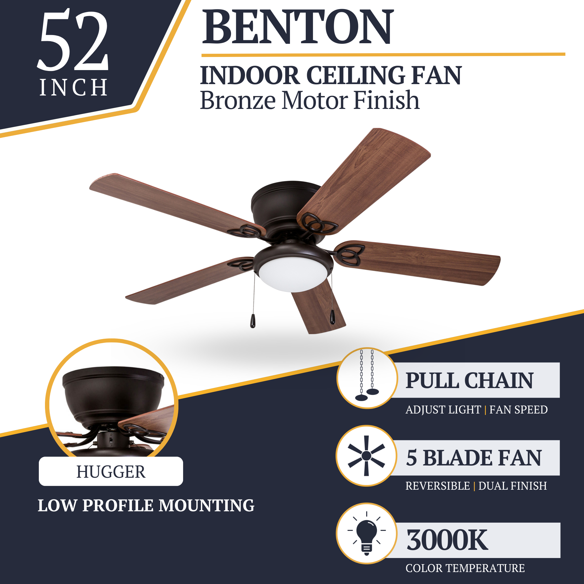 52 Inch Bronze Ceiling Fan with Pull Chain - Energy Efficient Indoor Cooling for Living Room, Bedroom, and Office