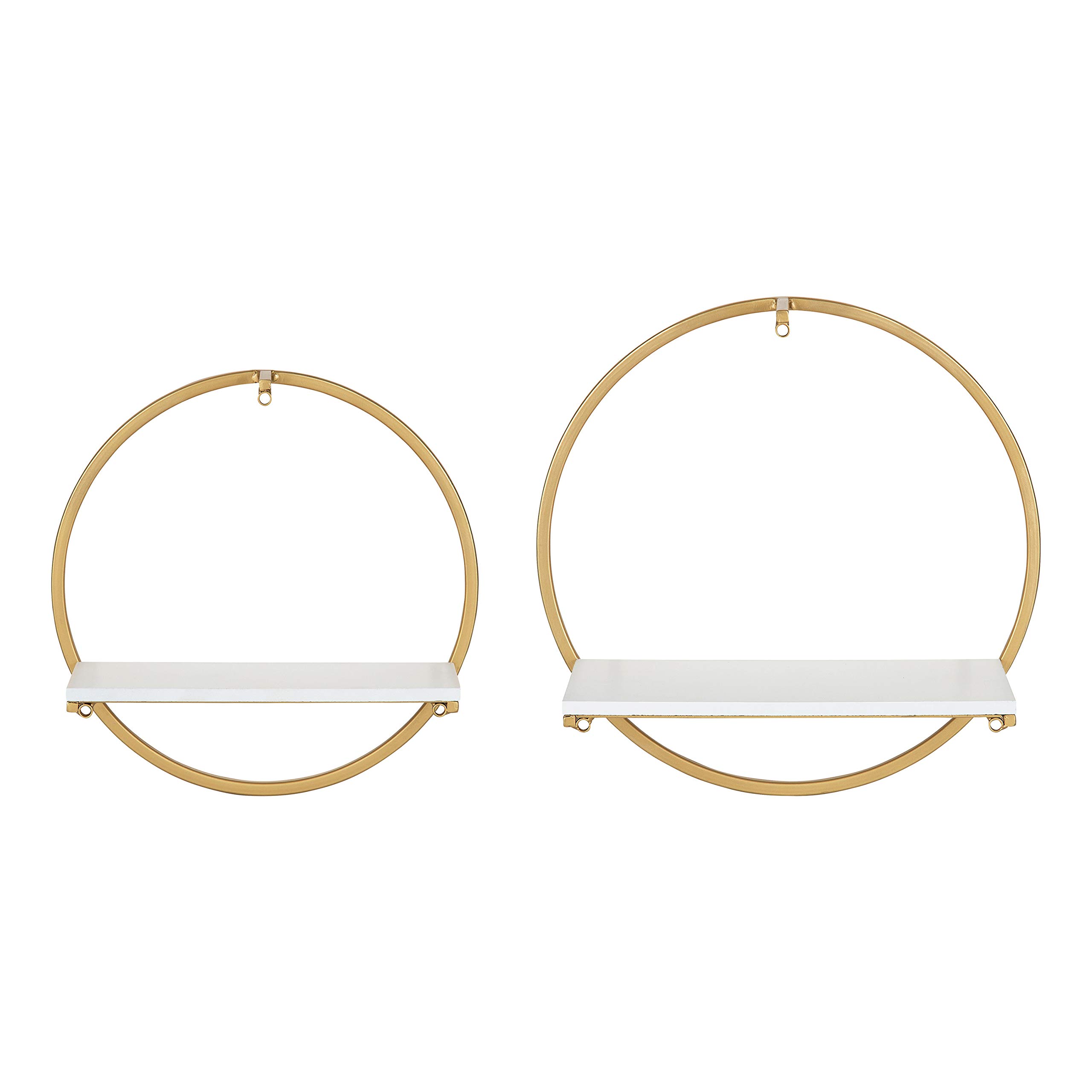 Kate and Laurel Wicks Modern Glam Floating Wall Shelves - Set of 2 Round Gold Metal Frame with White Painted Solid Wood Shelves | Perfect for Living Room, Bedroom Decor & Displaying Photos, Plants, Books