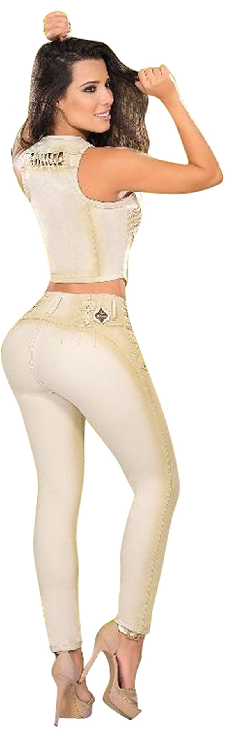 Golden Colombian Butt-Lifting High Waist Jeans & Matching Button Up Blouse Set - Perfect for Date Night, Clubbing & Bodycon Outfits
