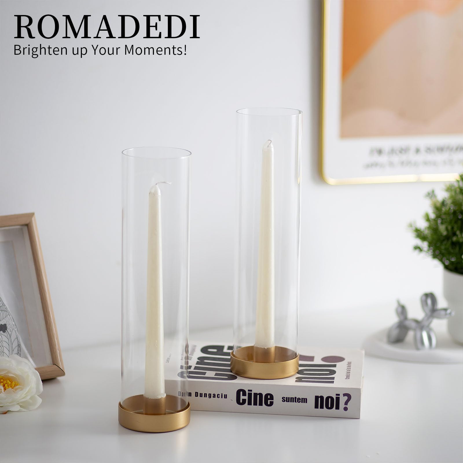 Romadedi 12 Inch Gold Glass Hurricane Candle Holders - Set of 10 Clear Cylinder Taper Candlesticks for Wedding Centerpieces, Party Decor, Christmas Home Decorations - Perfect for Dining Tables, Fireplace Mantels & Holiday Displays