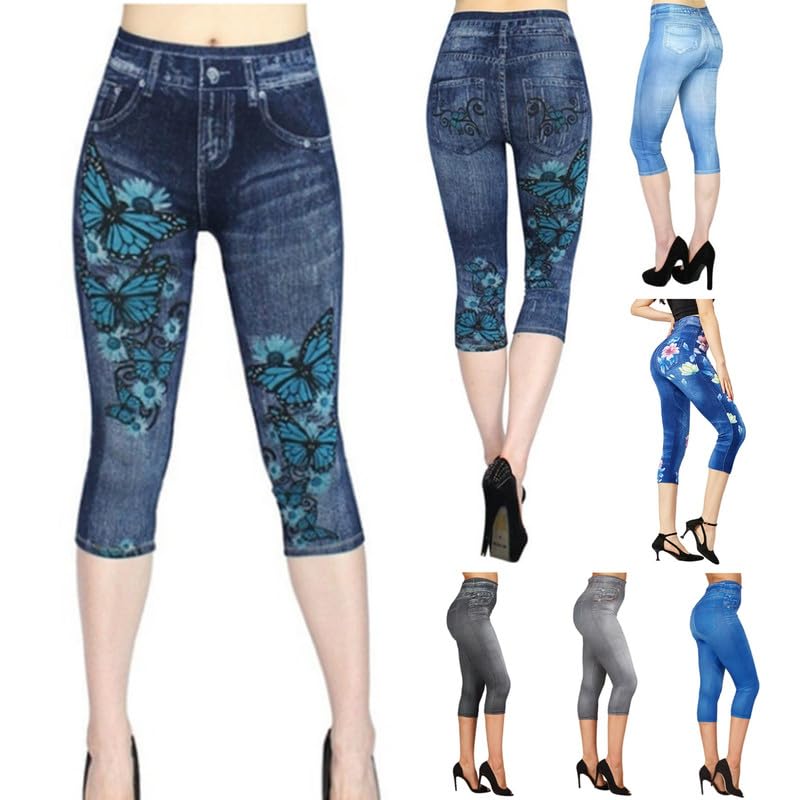Women's Denim Printed Capri Leggings - Stretchy Skinny Jeggings Pull-On Pants | Casual Wear, Workout, Daily Outfits | 4th of July Sale & Clearance Deals