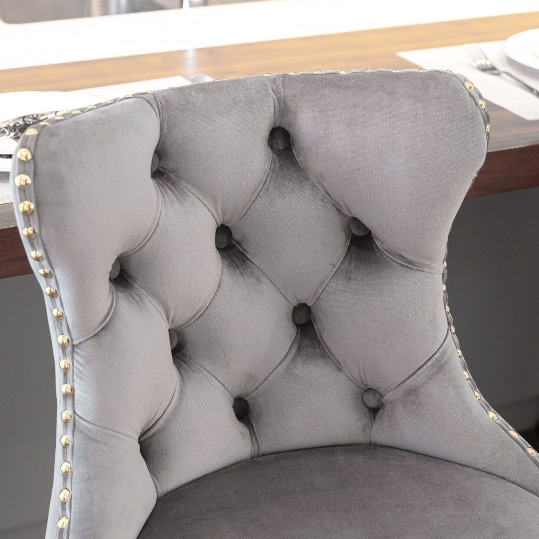 Adjustable Height Swivel Bar Stool with Footrest - Velvet Upholstery, Studded Design & Golden Base (Grey) - Perfect for Kitchen Islands, Home Bars & Dining Counter Stools