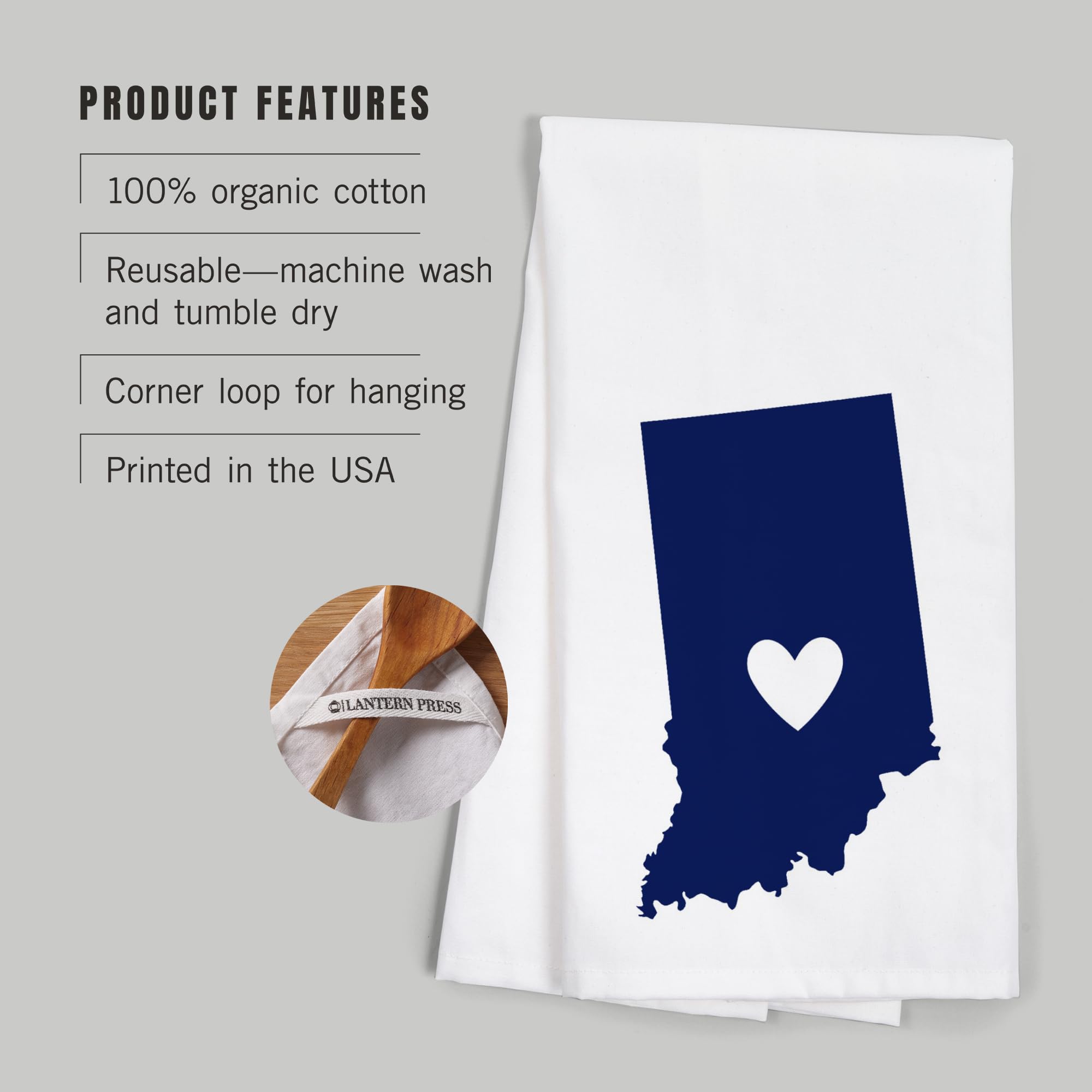 Lantern Press Indiana State Outline and Heart Cotton Tea Towel - 100% Cotton Decorative Hand Towel for Kitchen, Home Decor & Gifts - Perfect for Dish Drying, Wall Art, and Housewarming Presents