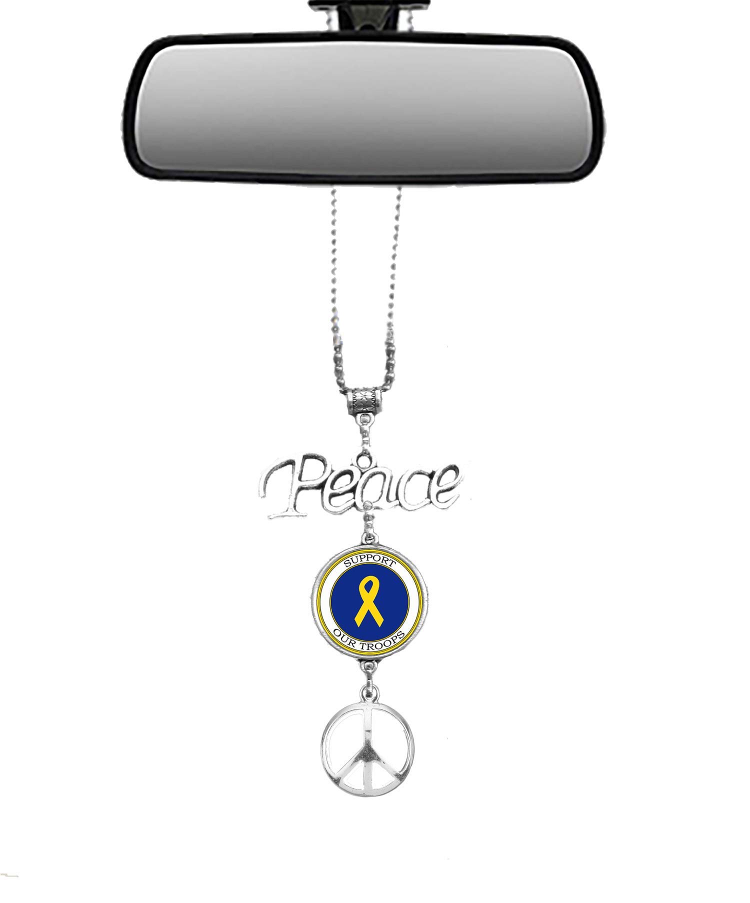 Silver Bling Military Insignia & Peace Sign Mirror Car Charm Hanger with Adjustable Chain - Support Our Troops - Perfect for Military Appreciation Gifts, Car Decor & Patriotic Accessories