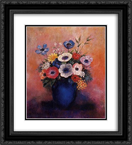 Odilon Redon Floral Art Print - Blue Vase Bouquet with Ornate Black Frame 20x22, Double Matted Museum Quality Wall Decor | Perfect for Living Room, Bedroom & Office Artwork