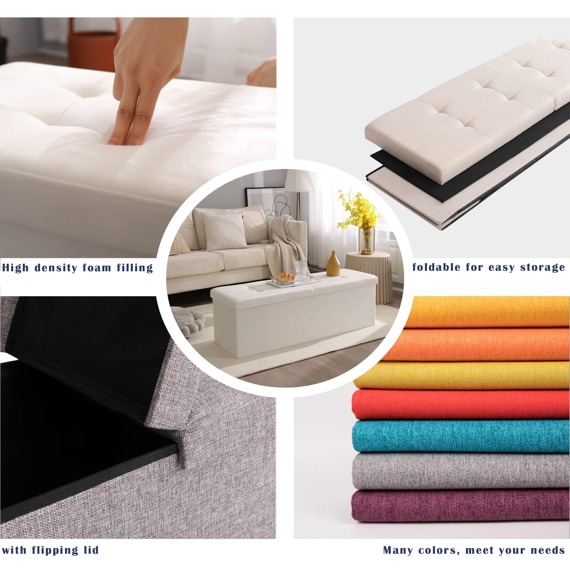 Foldable Storage Ottoman Bench with Flipping Lid - 75L Large Capacity, 30 Inch Linen Fabric Footrest Shoe Bench for Bedroom, Living Room & Entryway - Perfect for Extra Seating, Shoe Storage & Home Organization (Black)