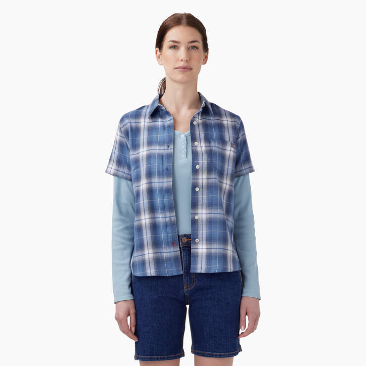Women's Blue Herringbone Plaid Woven Shirt - Casual Button Down Top for Office, Date Night & Fall Layering