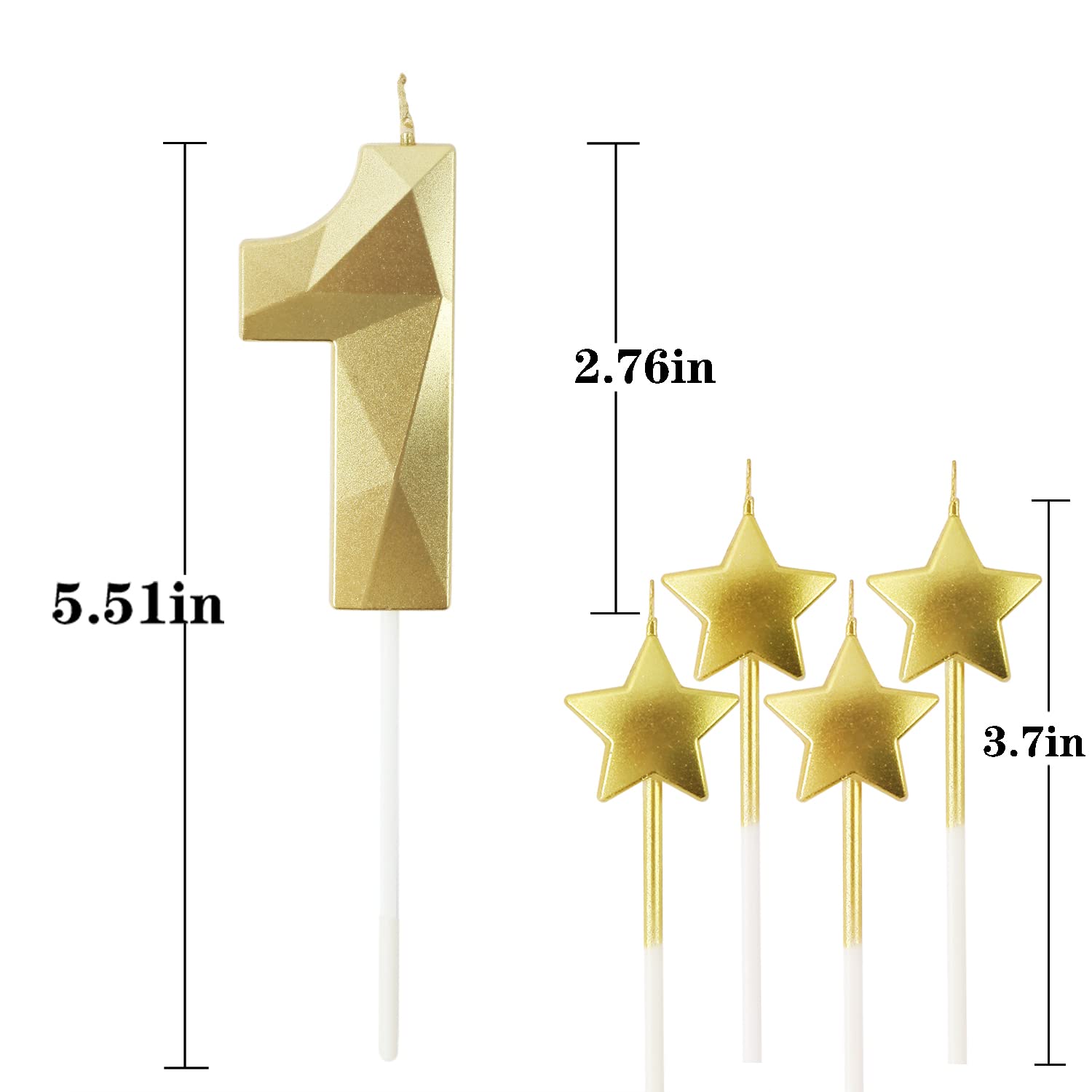 Golden Number 1 Birthday Candles & Star Shaped Candles - 2.76 Inch 3D Diamond Cake Decorations for Birthday Parties, Anniversaries, Baby Showers & Special Celebrations (Gold)