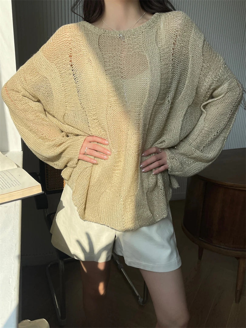 Beige Oversized Hollow Knit Sweater for Women - Round Neck Long Sleeve Pullover | 2025 Spring Autumn Fashion Trend (Style 1DH9646) - Perfect for Casual Outings, Office Wear & Cozy Fall Layering