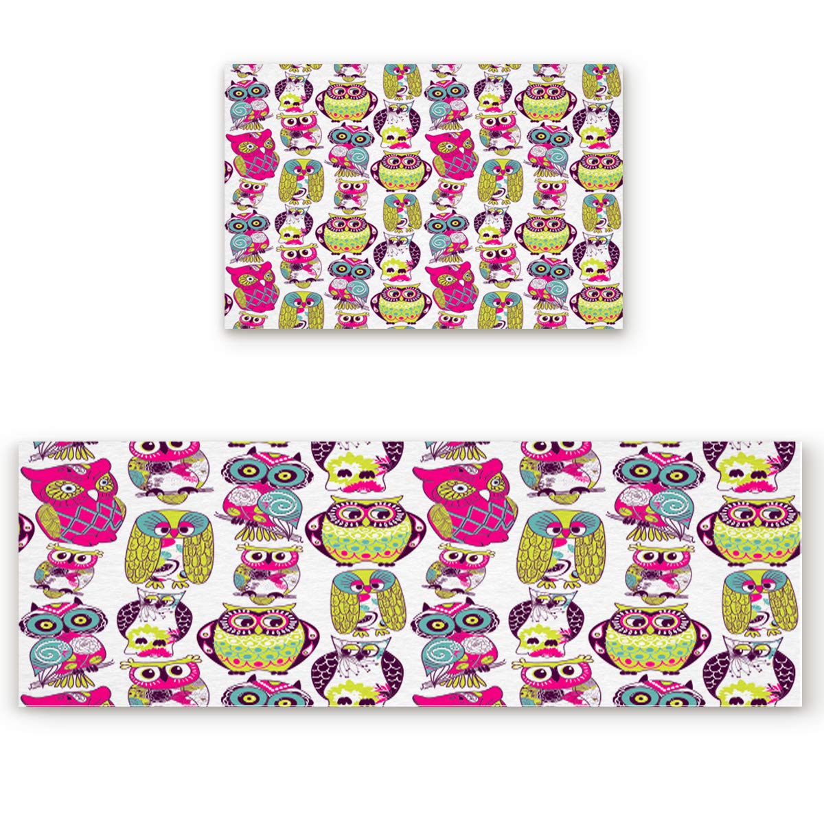 2 Pcs Colorful Cartoon Owl Print Kitchen Mats Runner Rug Set - Anti-Fatigue Standing Mat with Non-Slip Rubber Backing, Washable Floor Mat for Home, Office - Perfect for Kitchens, Bathrooms, and High-Traffic Areas