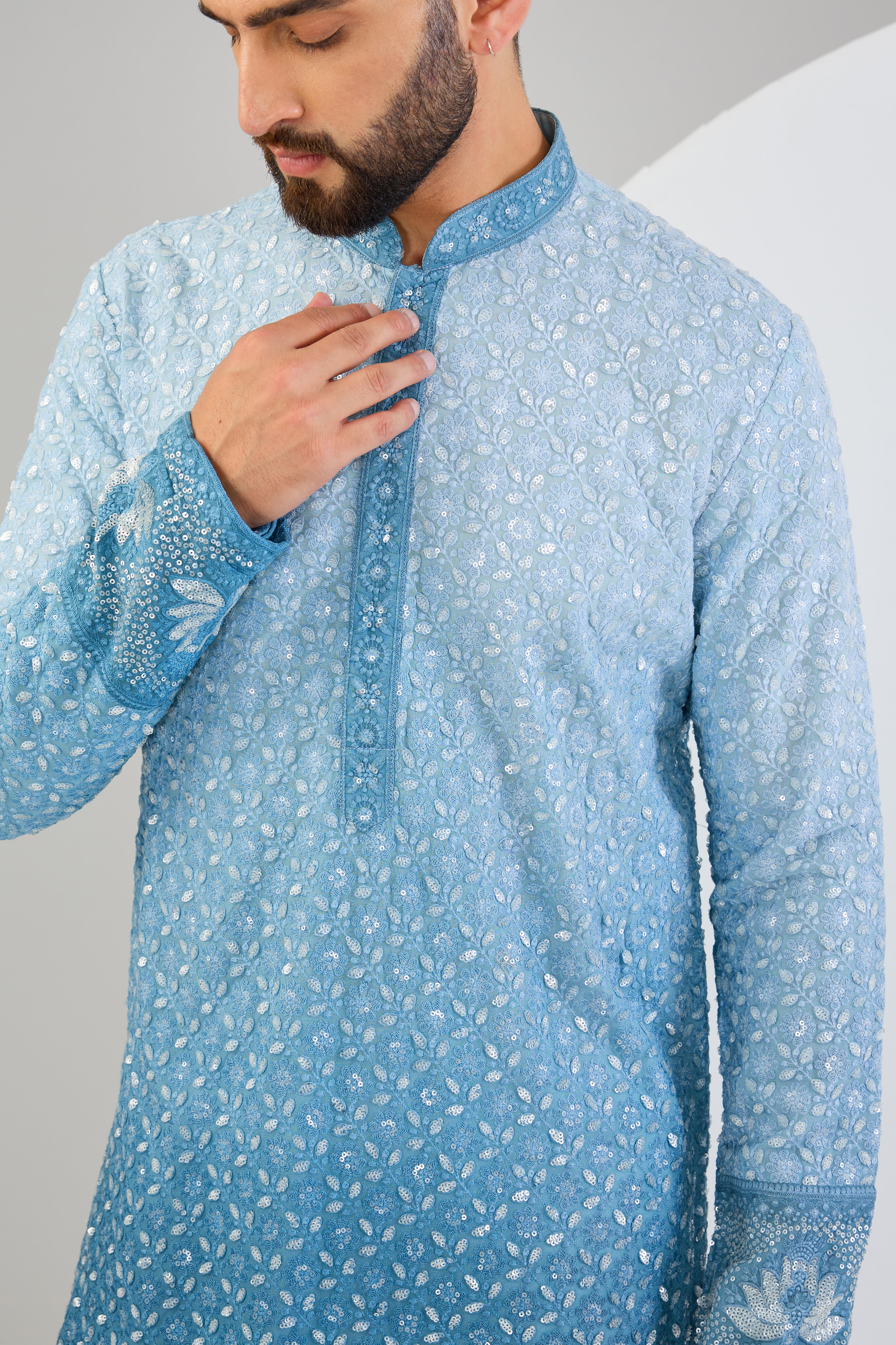 Elegant Powder Blue Ombre Chikankari Kurta with Intricate Neckline - Perfect for Festivals, Weddings & Ethnic Fashion