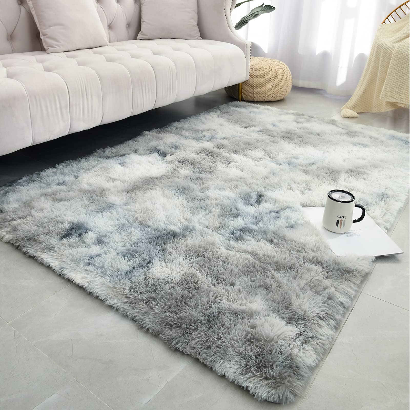 Astorug Fluffy Shaggy Area Rug - Soft Tie-Dyed Grey Non-Slip Carpet for Bedroom, Living Room, Nursery & Kids Room - 3x5 Feet Fuzzy Home Decor Rug - Perfect for Cozy Spaces, Dorm Rooms & Bedside Comfort