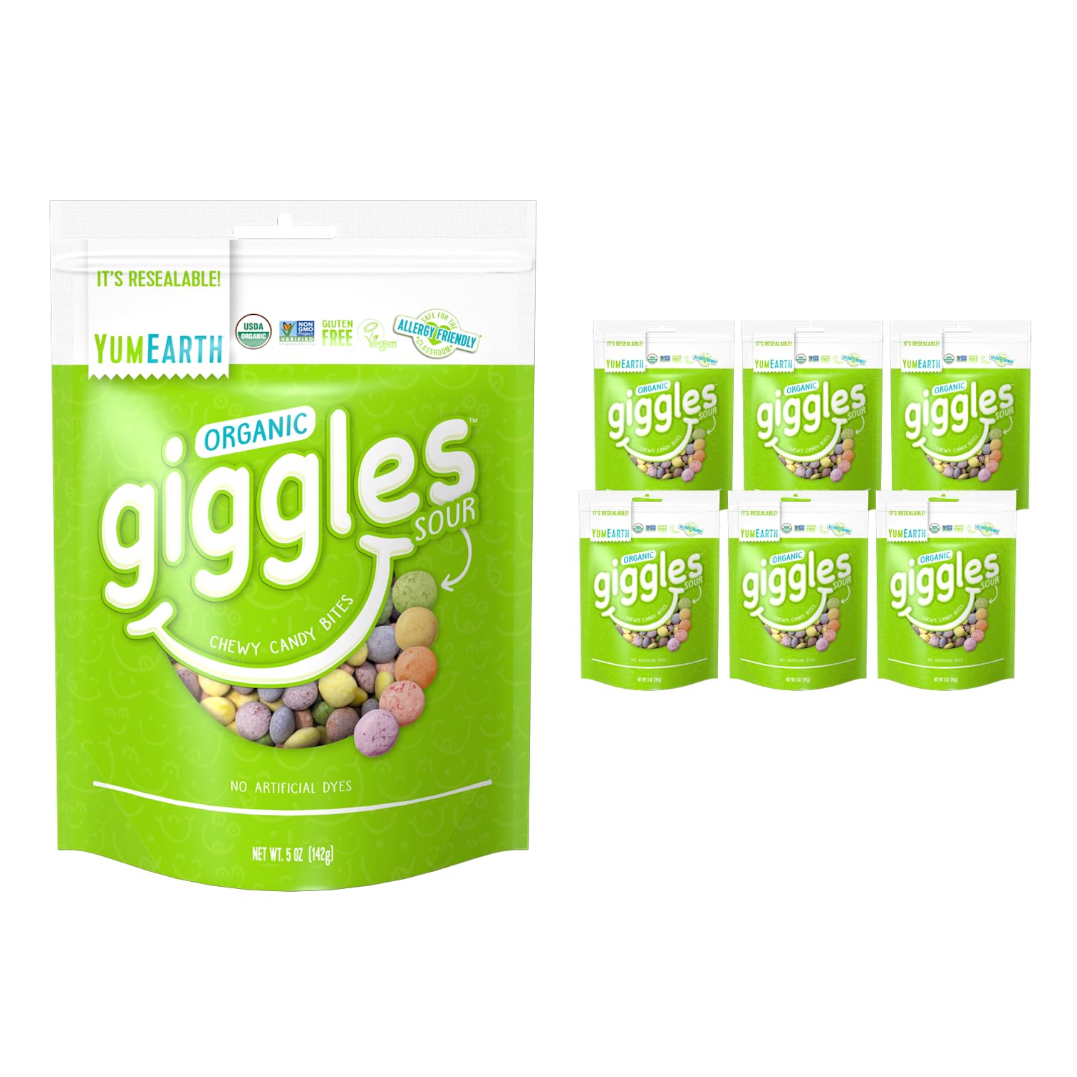 YumEarth Organic Sour Giggles Chewy Candy – Allergy Friendly, Vegan, Non-GMO, Gluten Free, No Artificial Dyes or Flavors – 5 oz (Pack of 6) – Perfect for School Lunches, Birthday Parties & Healthy Snacking
