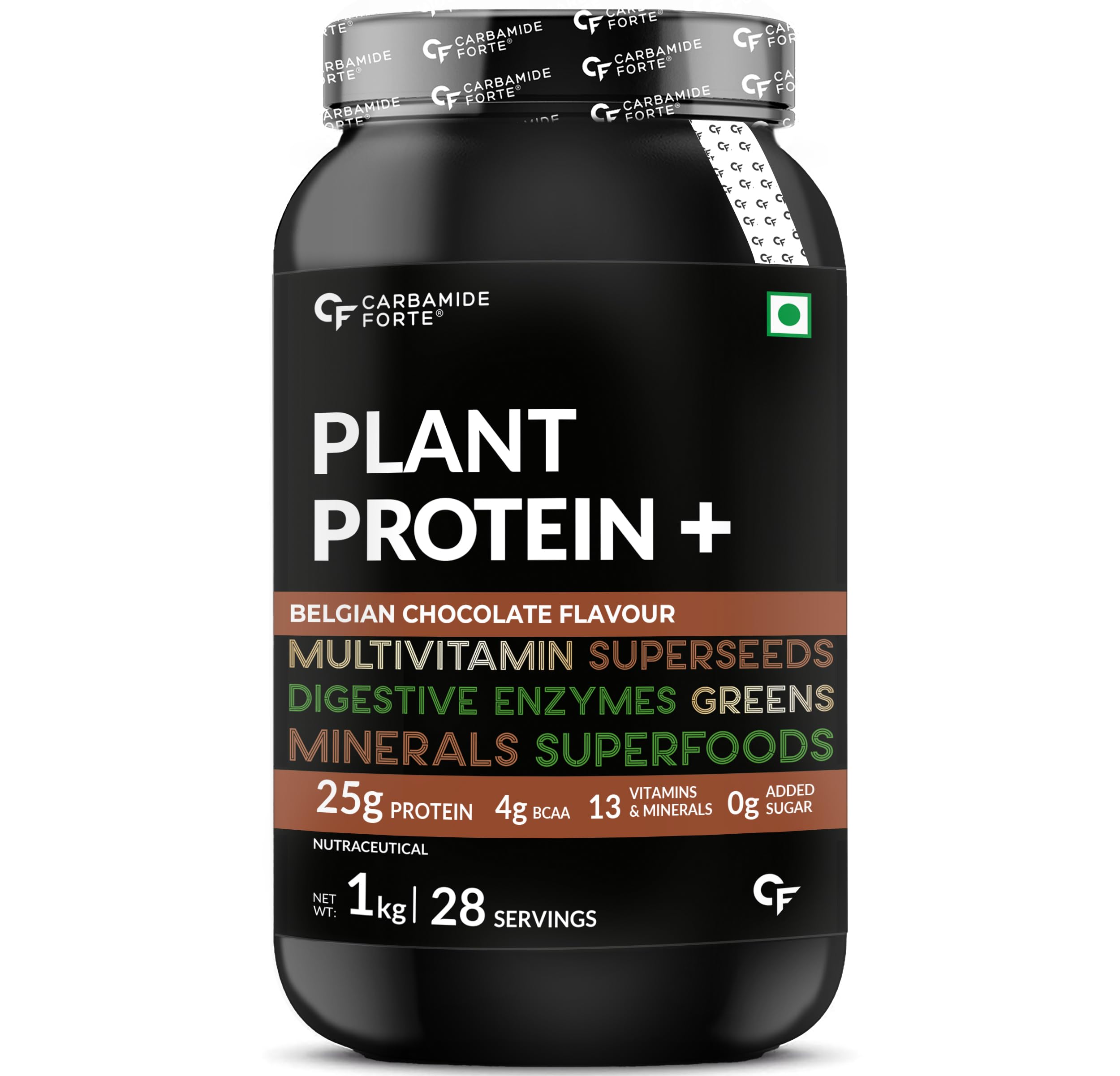 Carbamide Forte Plant Protein Powder with Multivitamin, Minerals & Superfoods - Vegan Pea Protein Powder with Digestive Enzymes | Belgian Chocolate Flavor 1kg for Muscle Recovery & Healthy Lifestyle