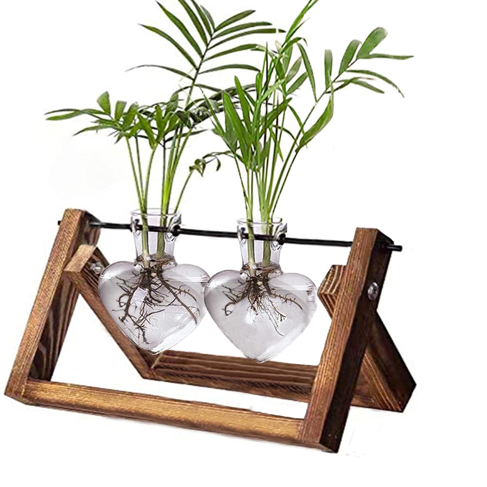 Retro Wooden Stand Glass Desktop Planter with 2 Hearts - Indoor Plant Terrarium Vase for Home, Office Desk Decor | Perfect for Succulents, Air Plants & Small Flowers