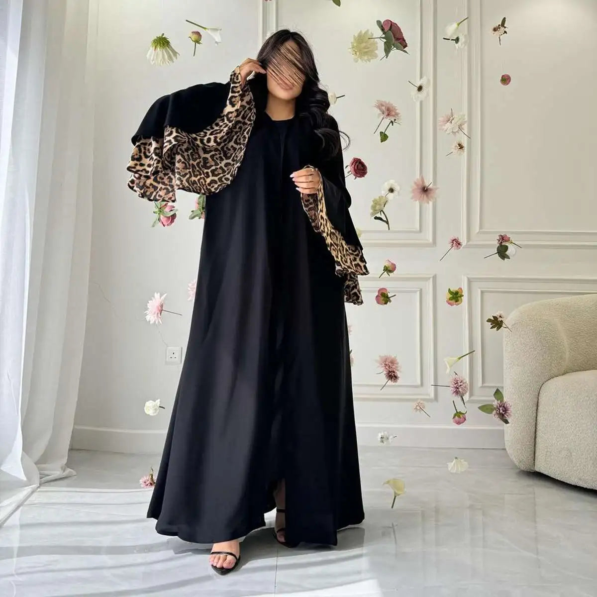 Leopard Print Cuff Cardigan Open Abaya Dress - Stylish Long Sleeve Kimono Cover Up for Women, Perfect for Casual Outings, Prayer Dresses & Boho Fashion