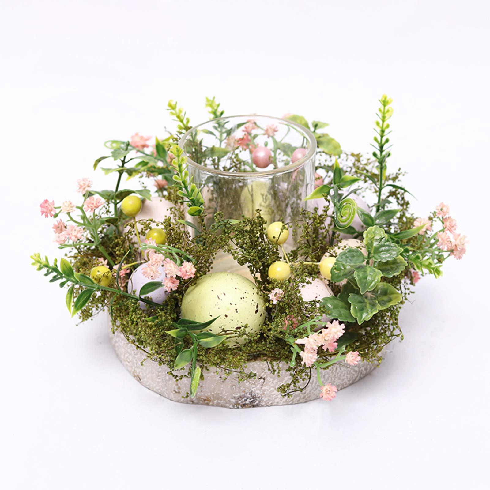 Easter Candle Holder - Creative Easter Egg Glass Candle Holder with Pastel Eggs, Ferns and Mixed Flowers - Spring Table Centerpiece for Easter Decorations, Home Party, and Holiday Dining