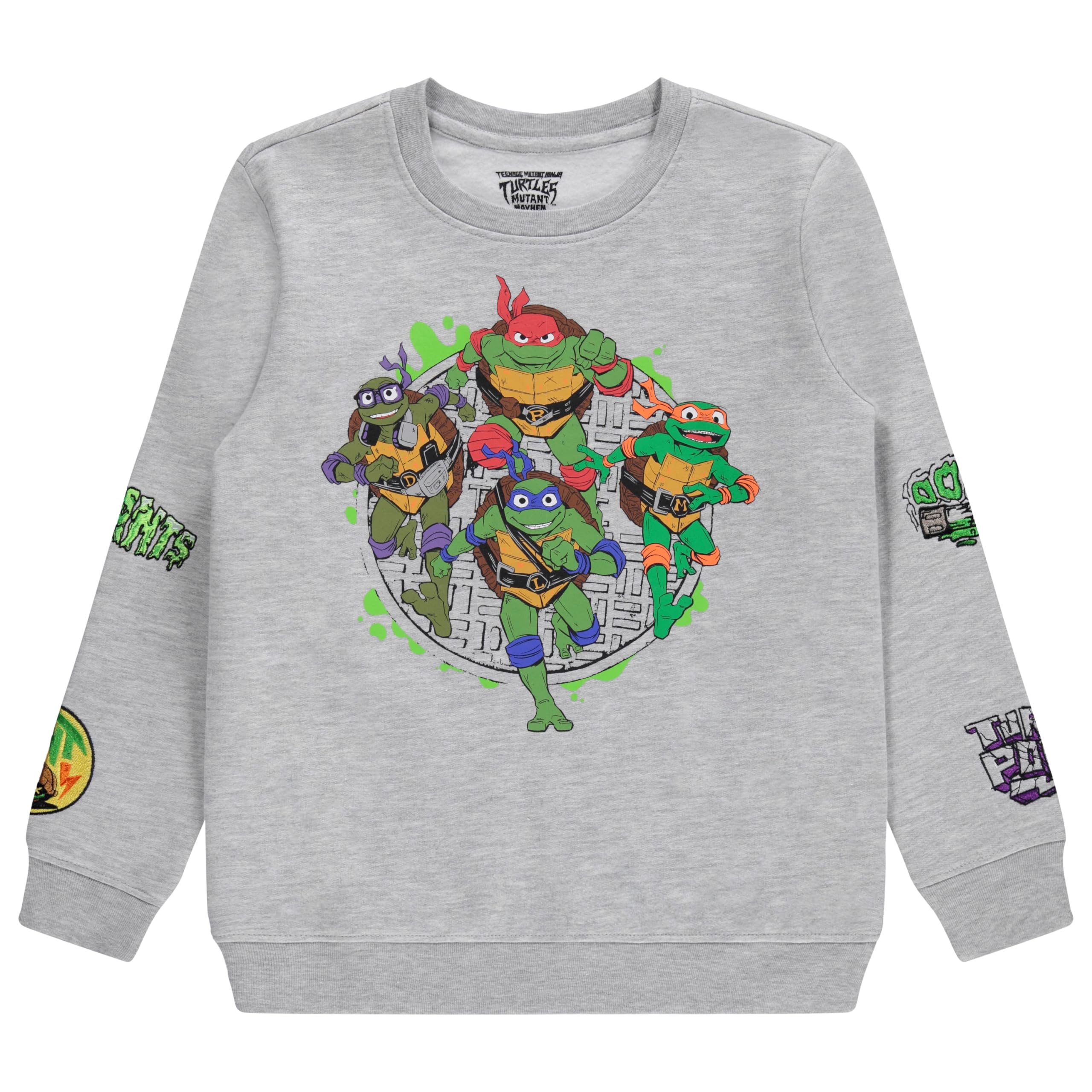 Boys' Ninja Turtles Crewneck Sweatshirt with Embroidered Leonardo, Raphael, Donatello & Michelangelo Sleeve Patches | TMNT Themed Pullover for Kids | Perfect for School, Playdates & Comic Con Events