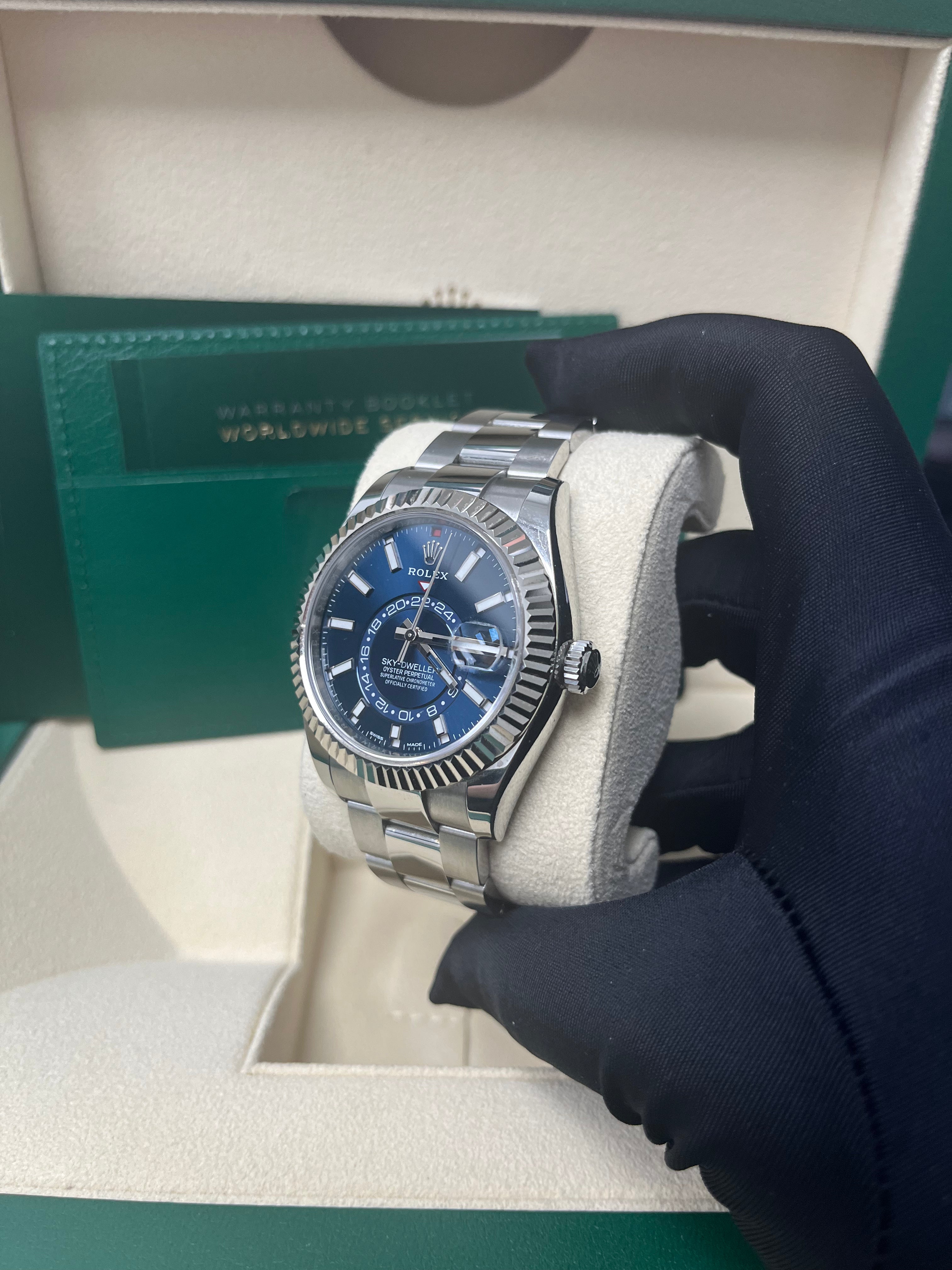 Rolex Sky-Dweller White Rolesor Blue Index Dial Oyster Bracelet Ref 326934 - Luxury Automatic Watch for Travel & Business Professionals