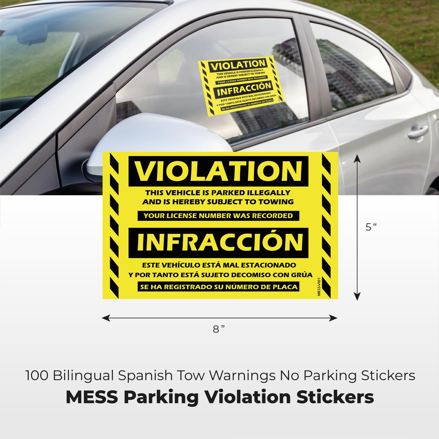 100 Hard-to-Remove No Parking Violation Stickers - Super Sticky Warning Tow Stickers 8x5 Inch (Yellow Bilingual) - Perfect for Parking Enforcement, Private Property Warnings & Illegal Parking Deterrent