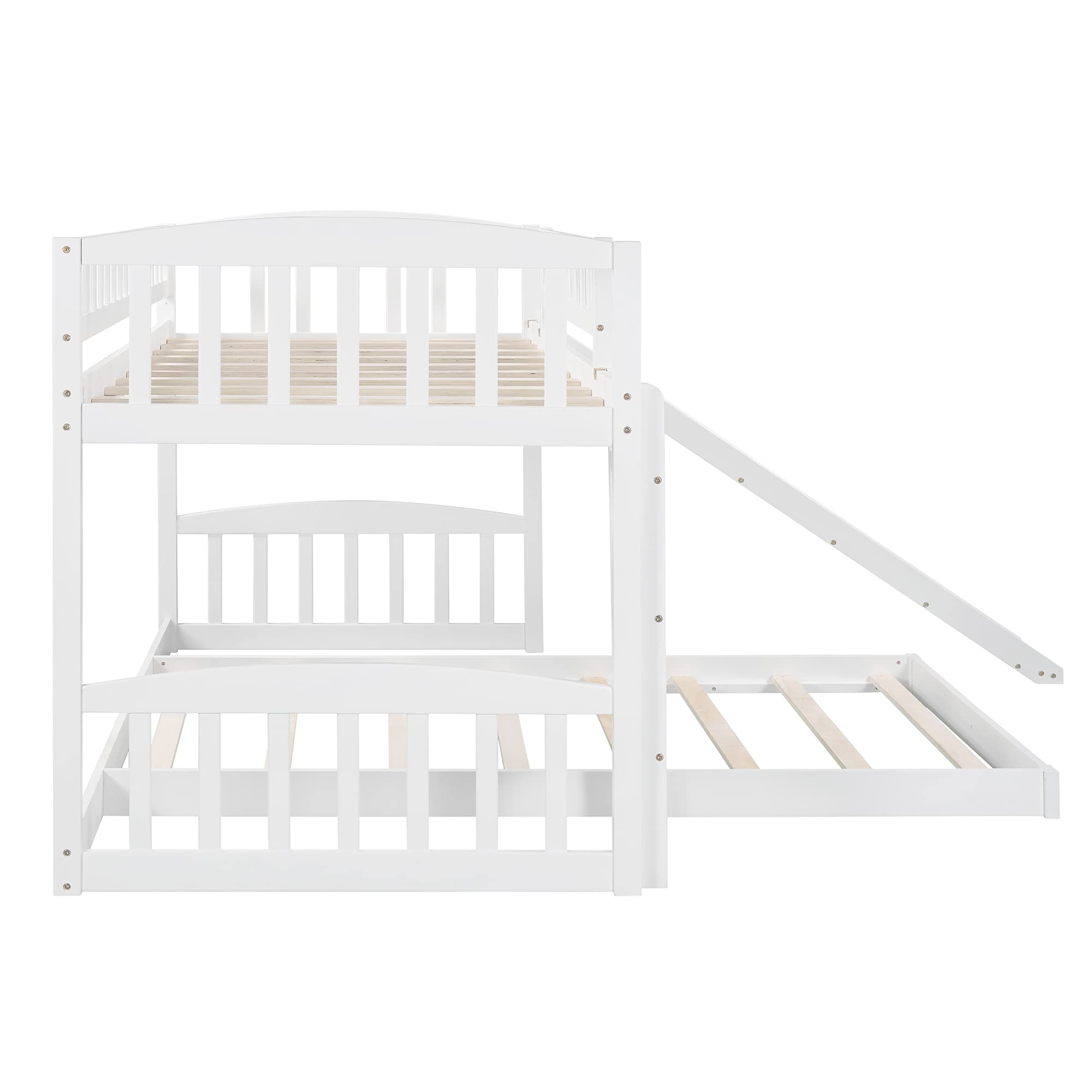 Knocbel Twin Size Low Loft Bed with Floor Platform - White Wooden Bunk Bed with Guardrails, Reversible Slide & Ladder (77.4