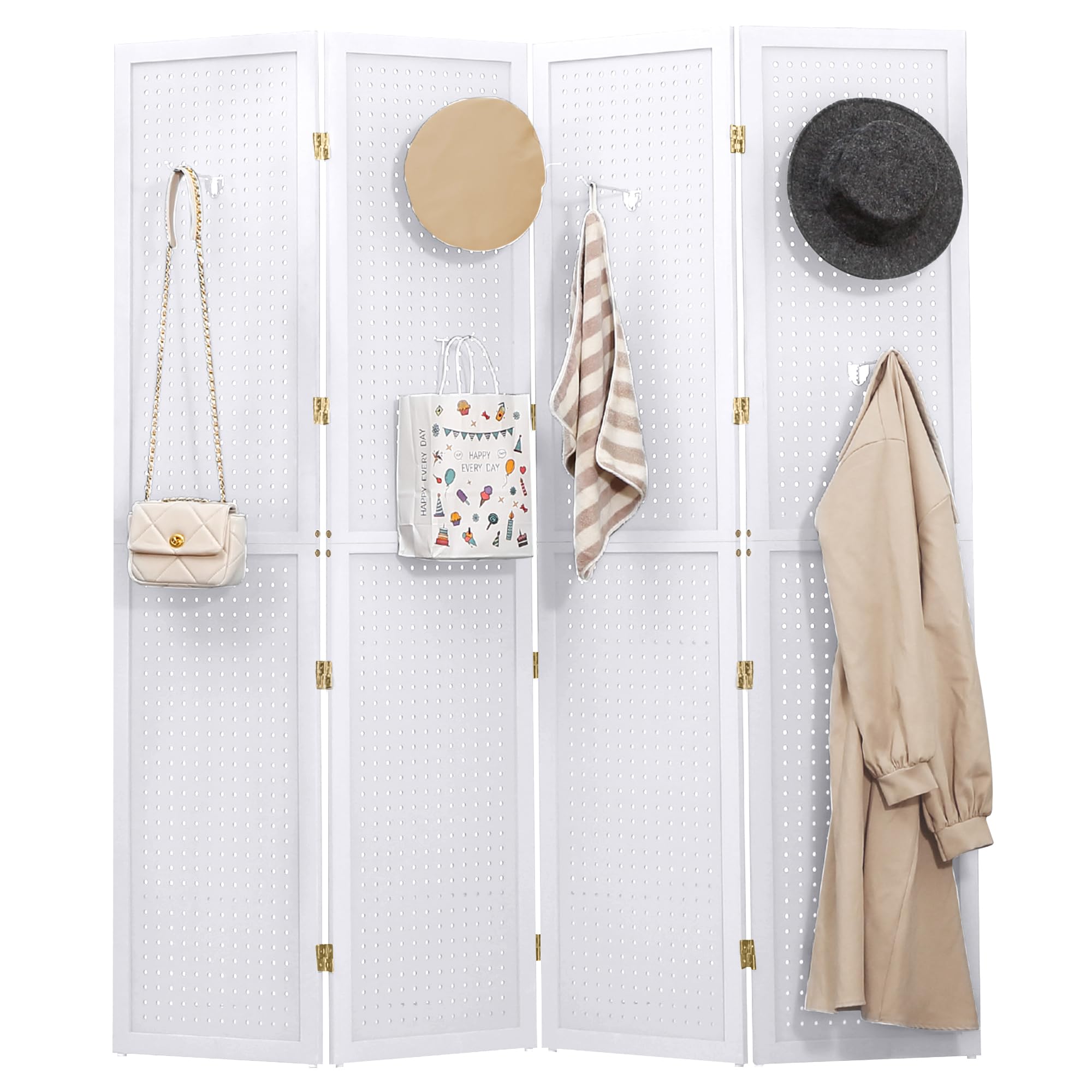 DURASPACE 4 Panel Freestanding Pegboard - 5.6 FT Foldable Wooden Privacy Screen & Jewelry Display Board for Retail Stores, Craft Shows, Clothing Boutiques & Art Exhibits - Portable Room Divider & Trade Show Display (White)