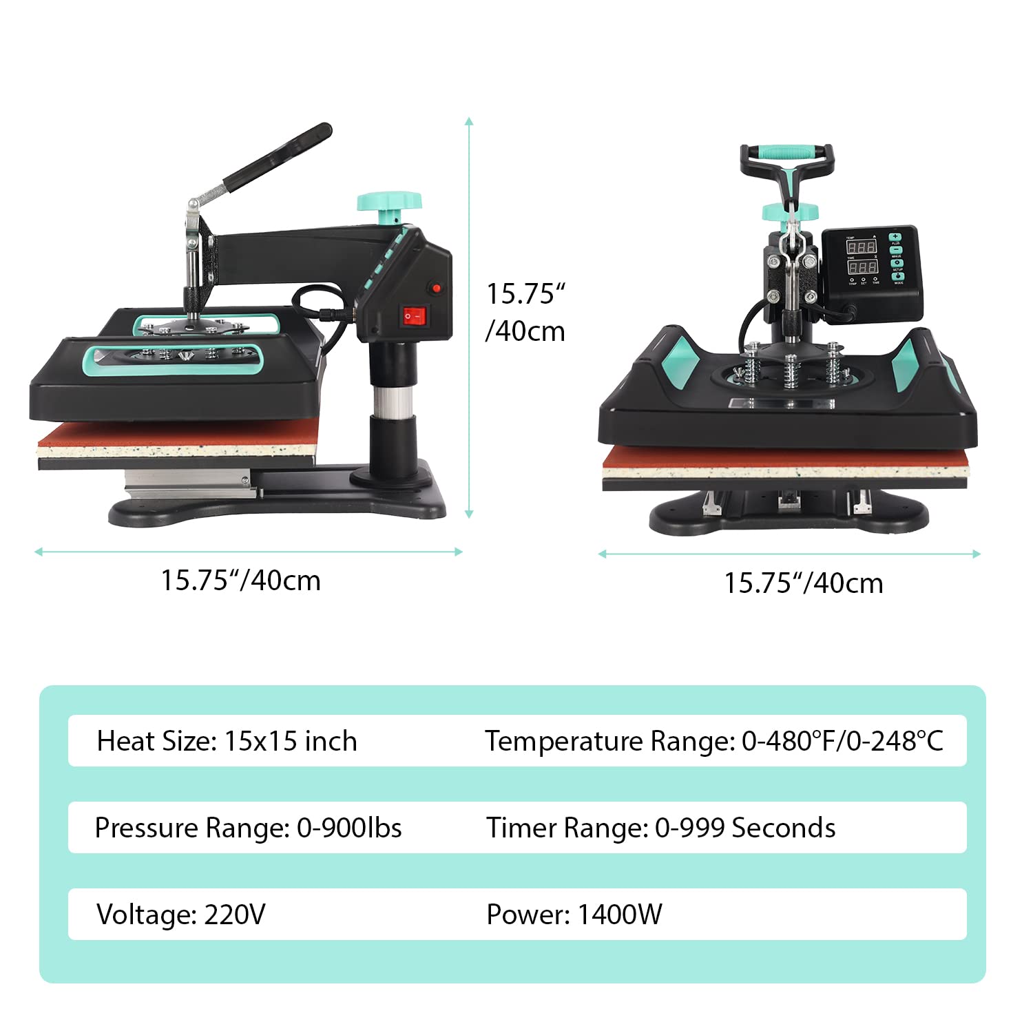 UKPRESS 5-in-1 Heat Press Machine 38x38cm with Swing Away 360° - Digital Dual Control for Sublimation Printing on T-Shirts, Mugs, Hats, Plates & Mouse Pads | Perfect for DIY Crafts, Small Business & Custom Apparel (Green)