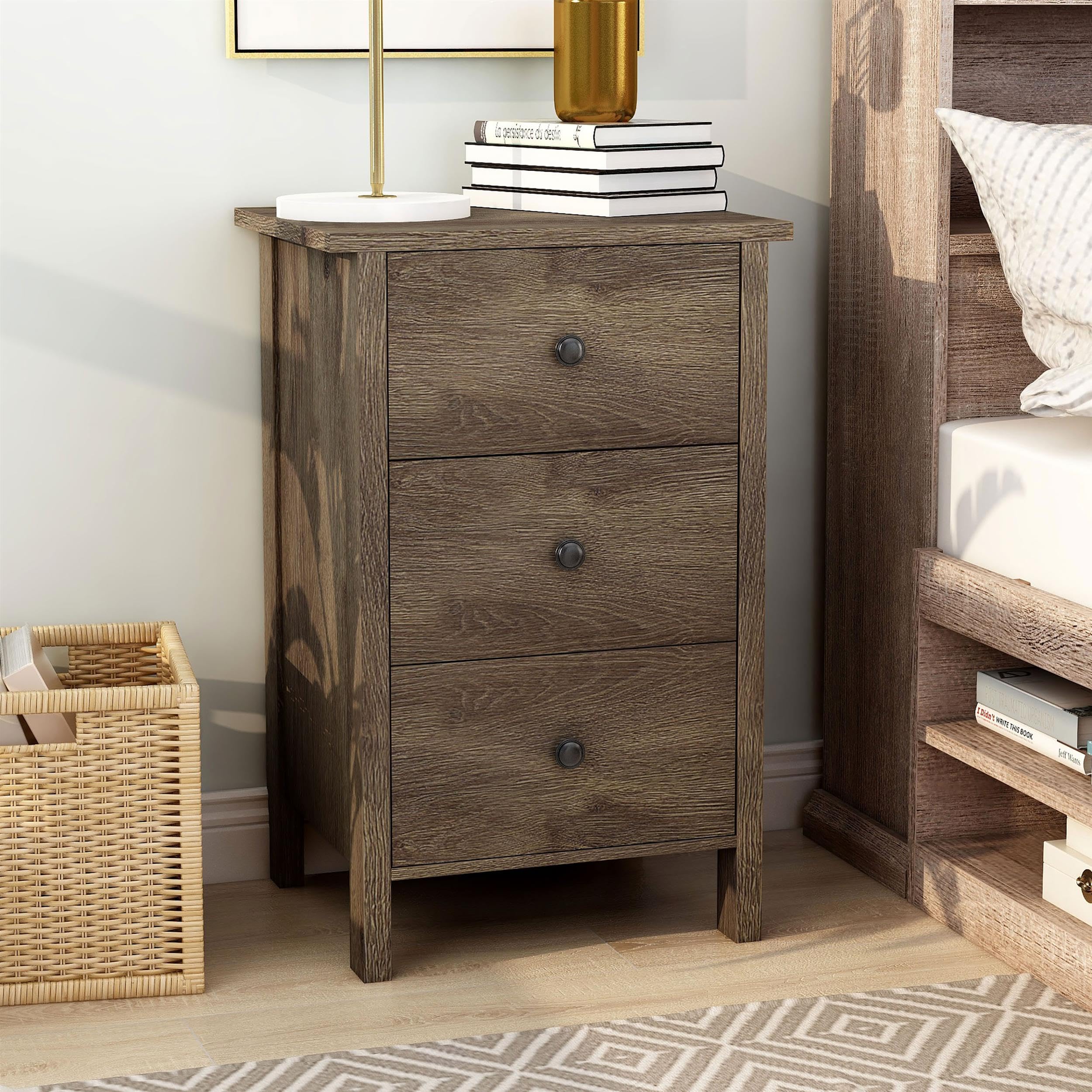 Furniture of America Daena Rustic Wood 3-Drawer Nightstand in Distressed Walnut - Vintage Bedside Table for Bedroom, Living Room & Guest Room