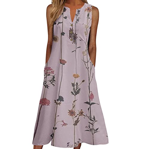 Women's V-Neck Sleeveless Button Print Midi Dress - Casual Loose Flowy Sundress with Pockets, Simple Summer Dress (Pink, Size L) | Perfect for Beach Vacations, Brunch Dates & Weekend Outings